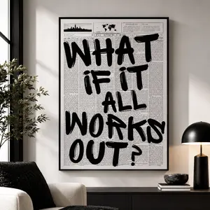 Retro Black And White Newspaper Poster What If It All Works Out Canvas Wall Art Positive Affirming Quote Minimalist Prints Painting For Home Bedroom Dorm Wall Decor, Inspirational Canvas Print, Office Wall Decor, Positive Quote Poster, Gift for Her