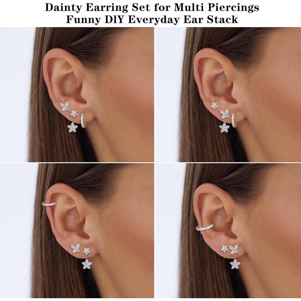 FIBO STEEL 3 Pairs Elegant Stud Earrings Set for Women Girls Cubic Zirconia Flower Star Ear Studs Huggie Hoop Small Earrings Stacks Sets Multiple Piercings Cartilage Jewlery Gift
