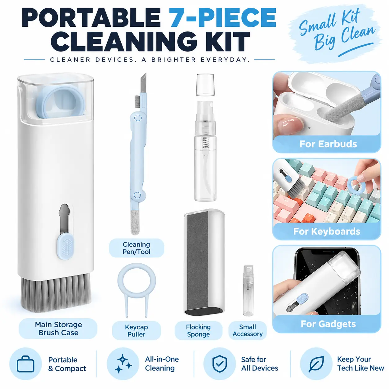 7-in-1 Multifunctional Electronic Cleaning Kit, Compact Portable Gadget Cleaner Set with Durable Nylon Brushes, Soft Flocking Sponge & Keycap Removal Tool, Precision Cleaning Accessories for Smartphones, Keyboards, Cameras, Earbuds, Laptops & Everyday Ele