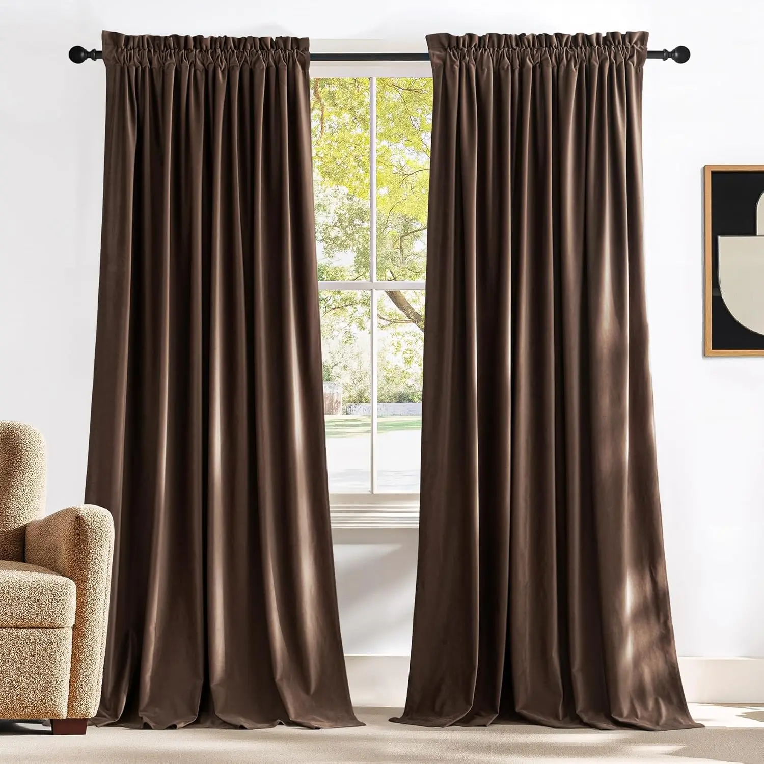 Brown Velvet Curtains 84 inches Length for Bedroom - Blackout Thermal Sound Reducing Matt Room Darkening Drapes for Nursery (2 Panels, 52 x 84)