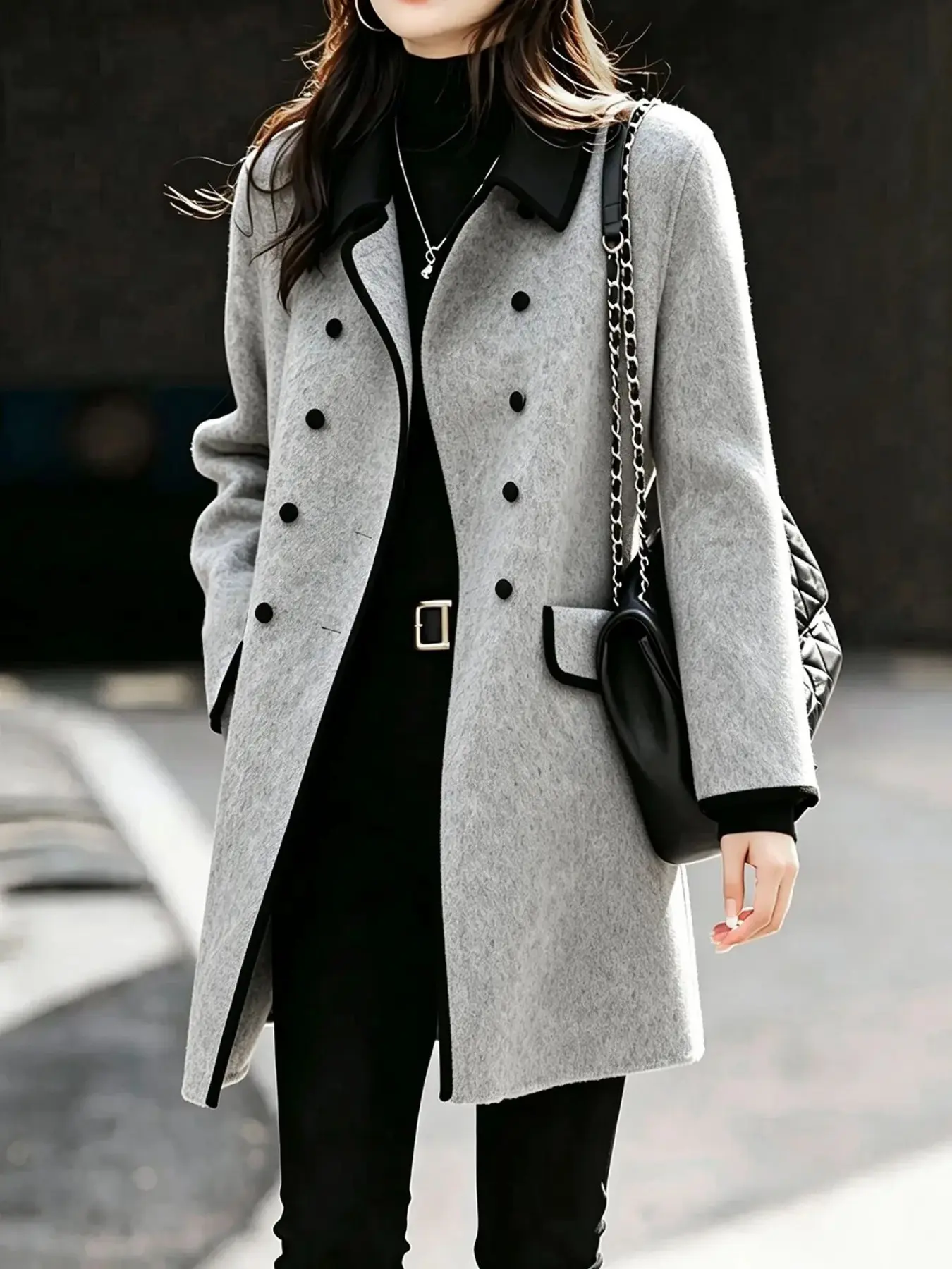 Lapel Wool Blend Coat with Trim, Medium-Length Double-Breasted Design, Includes Pockets, Stylish Outerwear for Fall & Winter