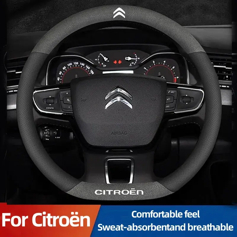 Premium Breathable Suede Steering Wheel Cover - Fits Citroen C1-C6, DS3, Xsara, C-Crosser, Berlingo, Jumpy - Superior Control, Stylish Upgrade, Wear & Tear Protection, Chilly Hands Prevention, Easy Installation, Auto Interior Accessory, All-Season, Citroe