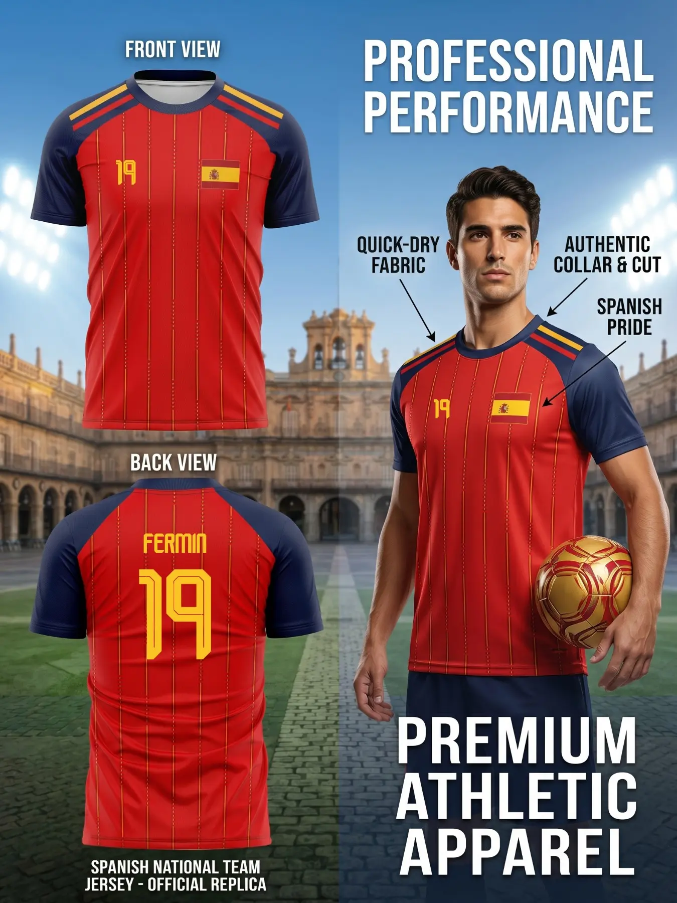 Spain Home Navy Contrast Football Short Sleeve, Vertical Texture Quick-Dry Fabric, Breathable Sweat-Wicking, Slim Fit, Casual Wear