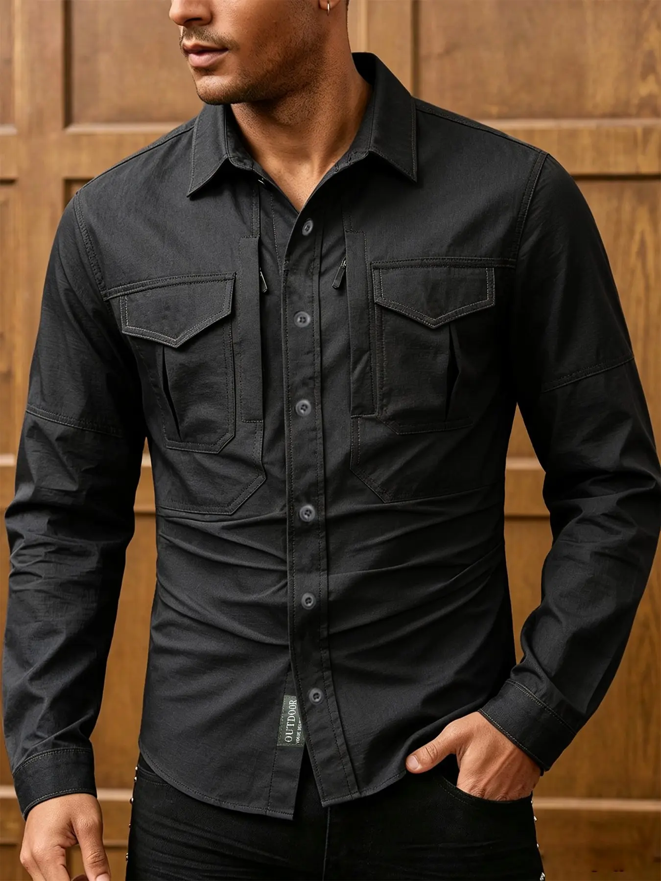 Men's Fashion Loose Stretch Waterproof Quick Dry Breathable Long Sleeve Travel Shirt Wrinkle Resistant Multi Pockets Open Front Top for Daily Commute Hiking Climbing Fishing, Can Be Worn As Inner Or Outer Garment
