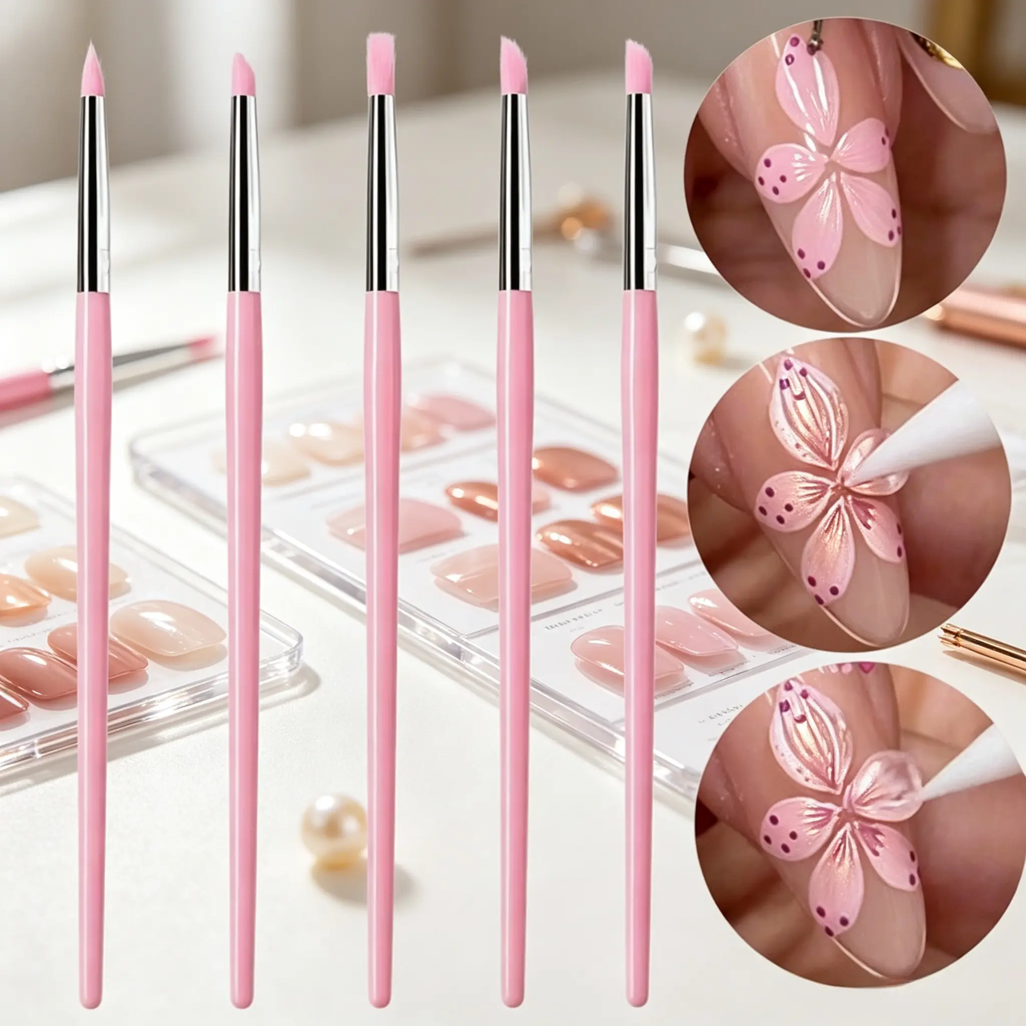 Professional 3D gel nail carving set of 5 with anti-slip white acrylic handles. Fine tips craft 3D roses, camellias & embossed patterns, complete sculpting kit for nail salon bulk supply and at-home DIY nail design.