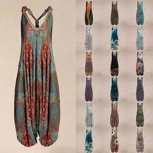 Wide Leg Bohemian Loose Overall Jumpsuit Ethnic Mandala Vintage Paisley Printing Women Rompers Backless Harem Bloomers Playsuit