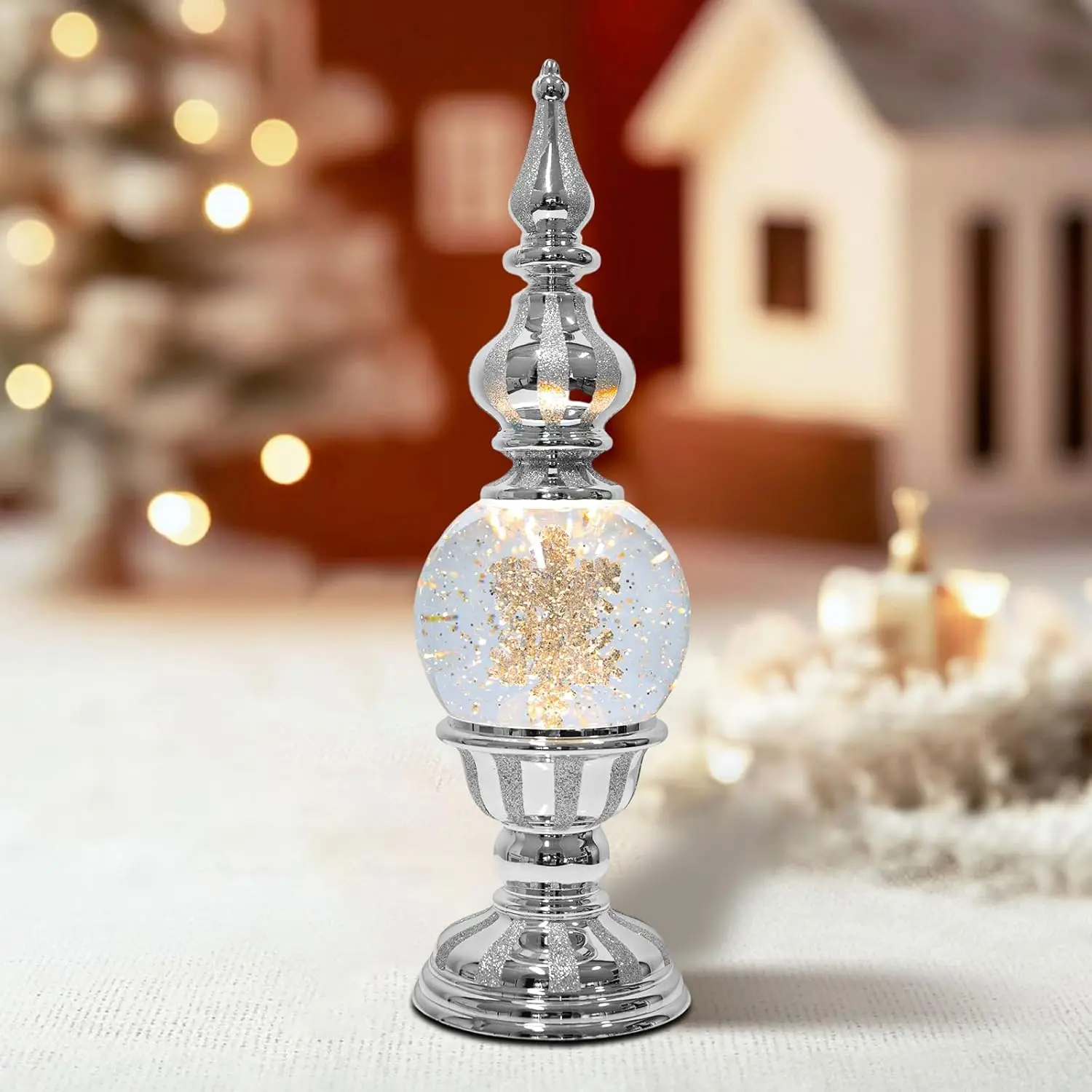 Snowflake Water Glittering Snow Globe Lantern with 6H Timer 3 AA Battery Operated for Christmas Festival Decorations Gifts