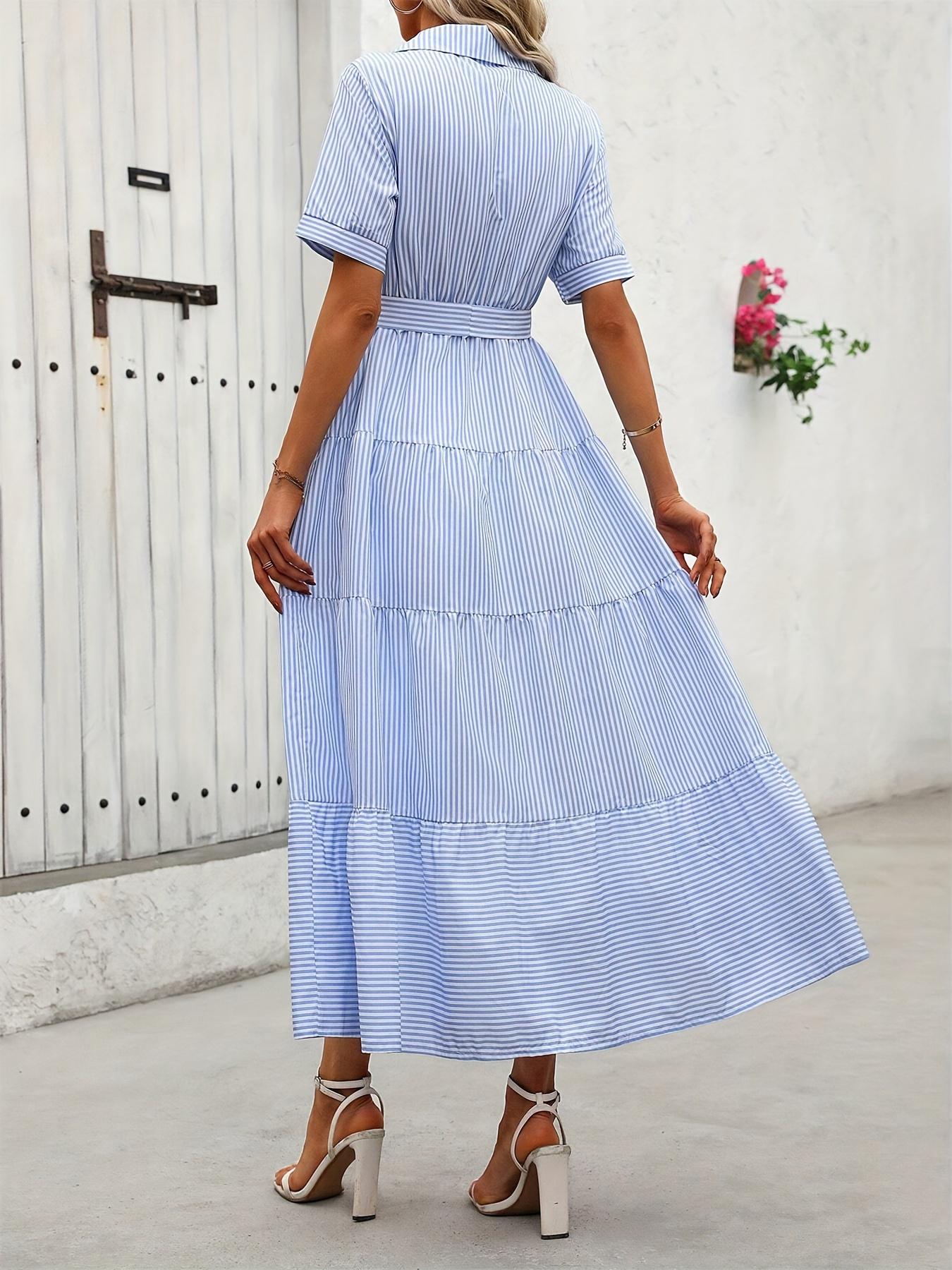 Women's Striped Print Adjustable Belted Button Dress, Elegant Casual Long Dress for Summer, Women's Clothing for Daily Wear, Fit, Womenswear Women's Striped Print Adjustable Belted Button Dress, Elegant Casual Long Dress for Summer, Women's Clothing for Daily Wear, Fit, Womenswear