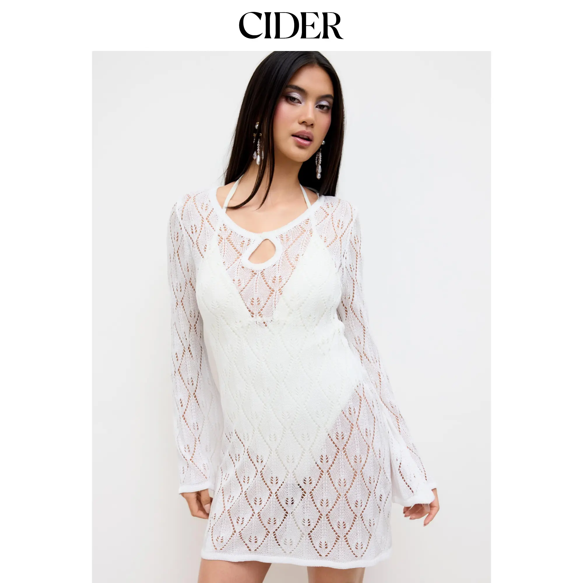 Cider Knit Round Neckline Cut Out Crochet Cover Up Dress