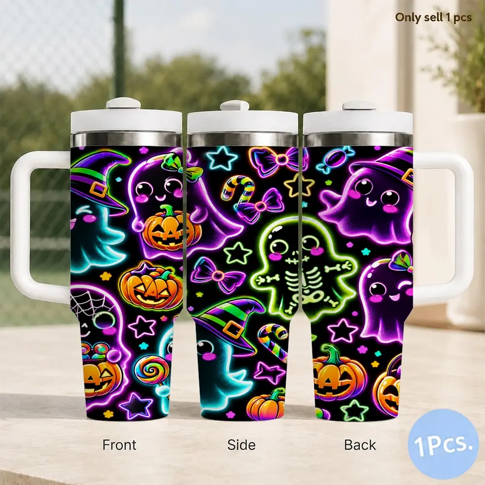 Halloween Neon Ghost Vacuum Flasks 40oz Insulated Tumbler with Handle and Straw, Stainless Steel Large Capacity Water Cup with Lid, Car Cup Holder Friendly, Reusable Tumbler Gift for Women and Friends