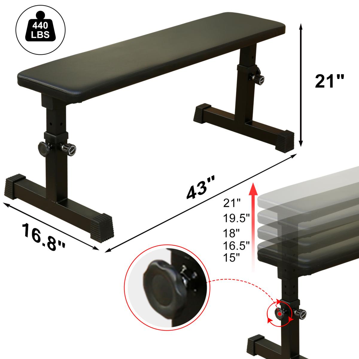 [Fahuac] Flat Weight Bench for Strength Training – 5-Level Adjustable Height 15"-21", 440 lbs Capacity, Heavy Duty Steel Frame, Non-Slip Pads for Dumbbell Press & Sit-Ups Home Gym