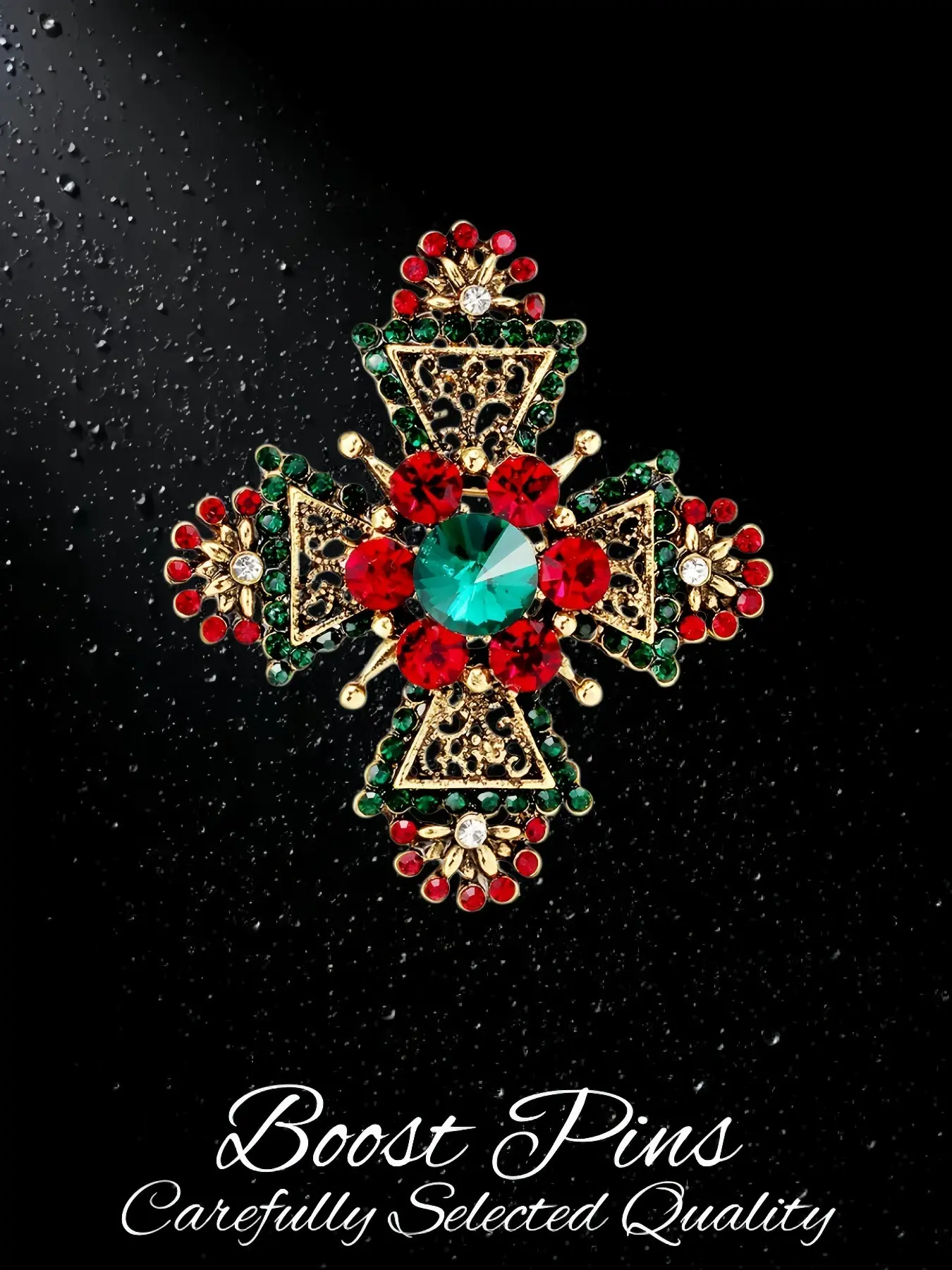 Vintage Baroque Cross Brooch Set, Brooch Pins, Gold Tone with Emerald Green, Red Ruby & White Pearl Variants, Byzantine Religious Statement Lapel Pin, Women's Luxury Coat Jewelry, Ideal Gift for Vintage & Religious Accessory Collectors