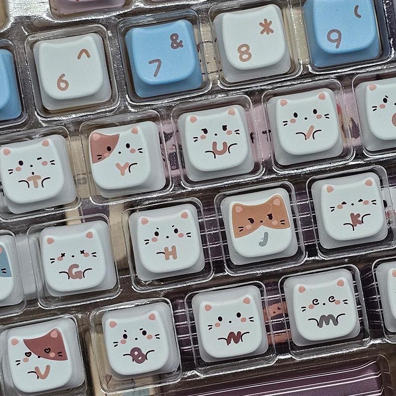Cat Head Theme PBT Keycaps, Cute Personality PBT Keycaps, Keyboard Keycap Set Suitable for 61/64/68/84/87/100/104/108 Cherry MX Mechanical Keyboard Gaming Keyboard Accessories