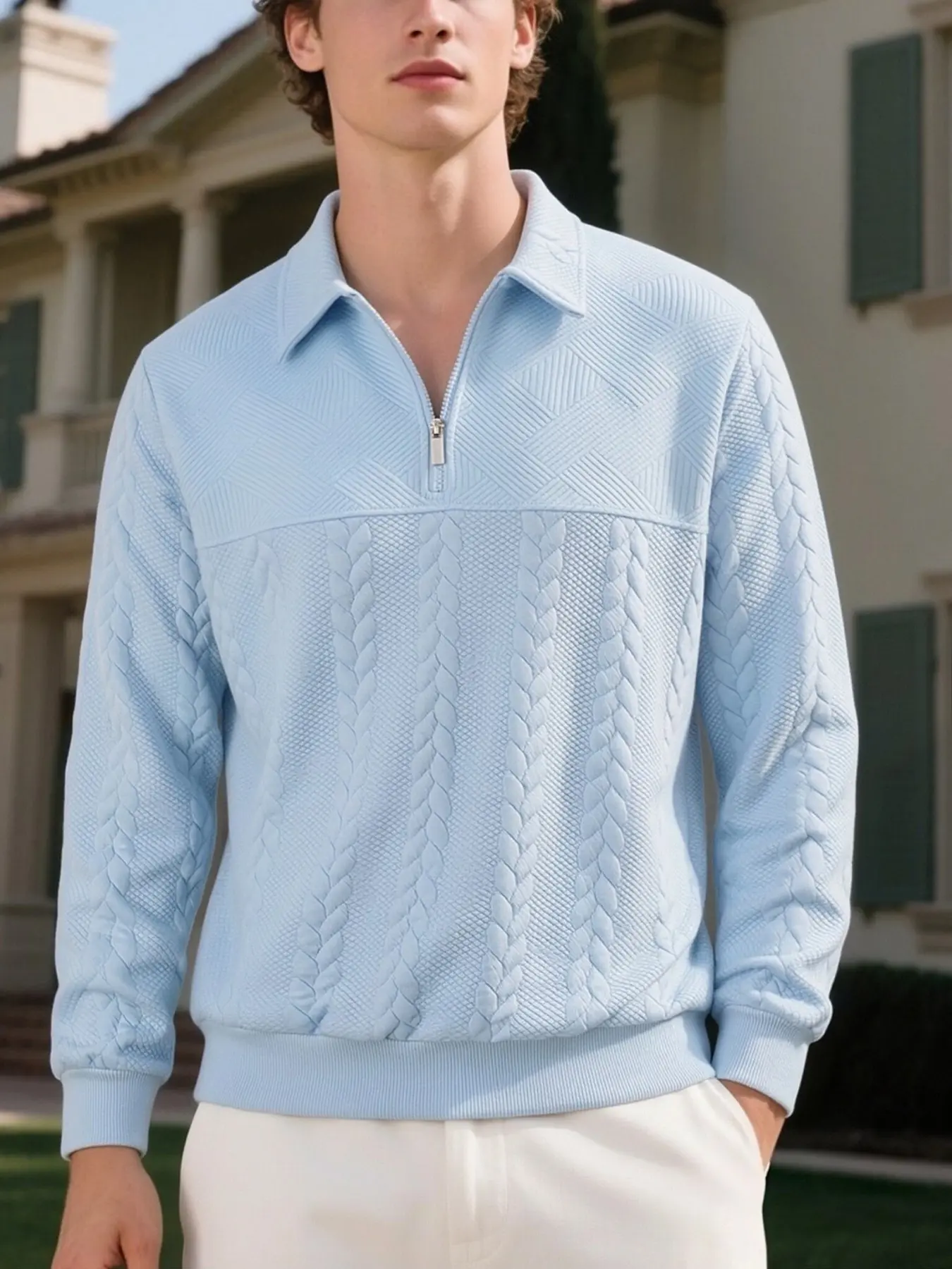 Men's jacquard jacquard patchwork half-zip collar Polo shirt, long-sleeved light business casual pullover, trendy casual sweater, suitable for daily wear in autumn and winter and for outdoor commuting, men's sport shirt