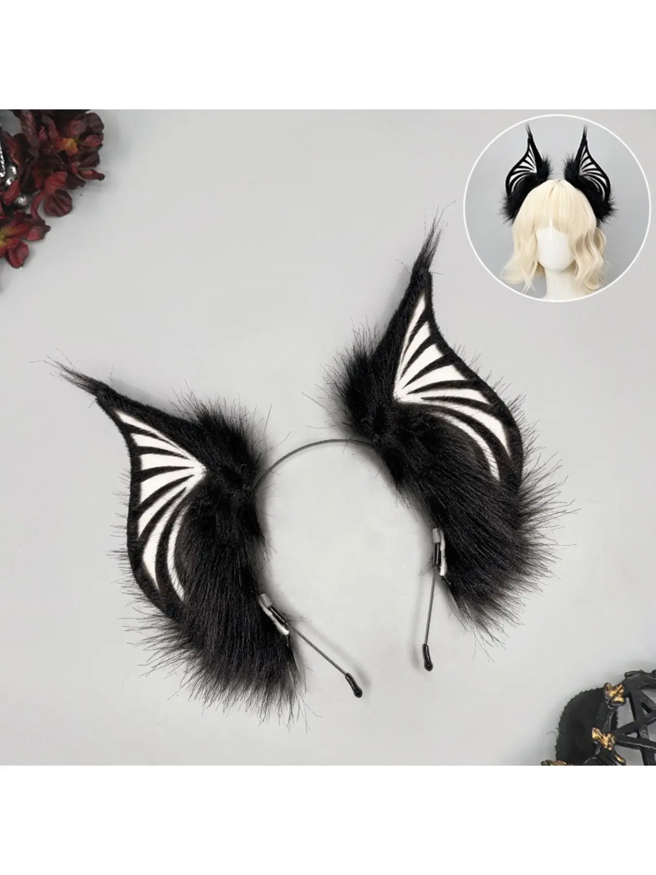 1Pc Handmade Fluffy Plush Bat Beast Ear Headband Gothic Cosplay Hair Accessory 2 Colors White Gray For Adult Women Men Halloween Comic Convention Stage Show Back To School Theme Party Portrait Shoot Costume Decor Gift Supplies