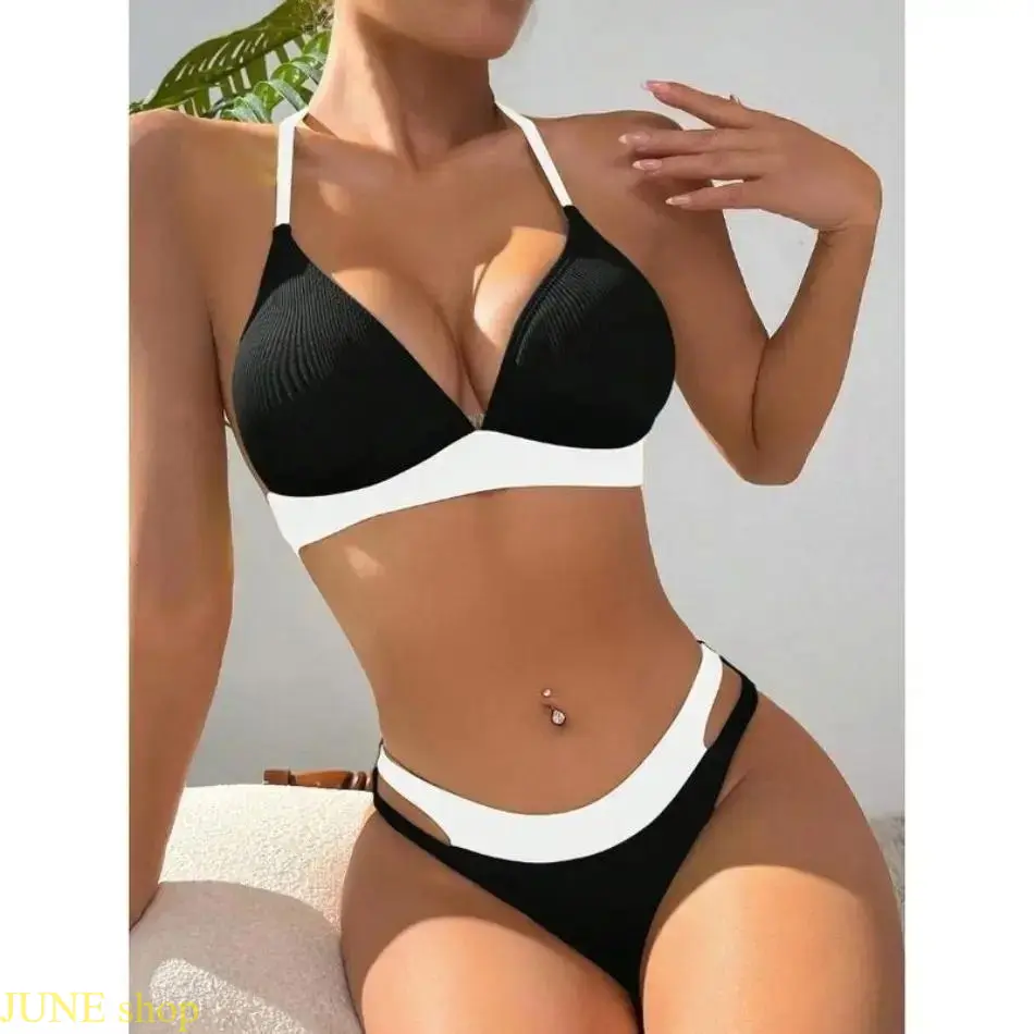 Women’s Two Piece Bikini Swimsuit, Contrast Color Patchwork Modern Clean Line Design Comfort Slim Fit UPF UV400 Protection Swimwear for Summer Beach Pool Tropical Vacation