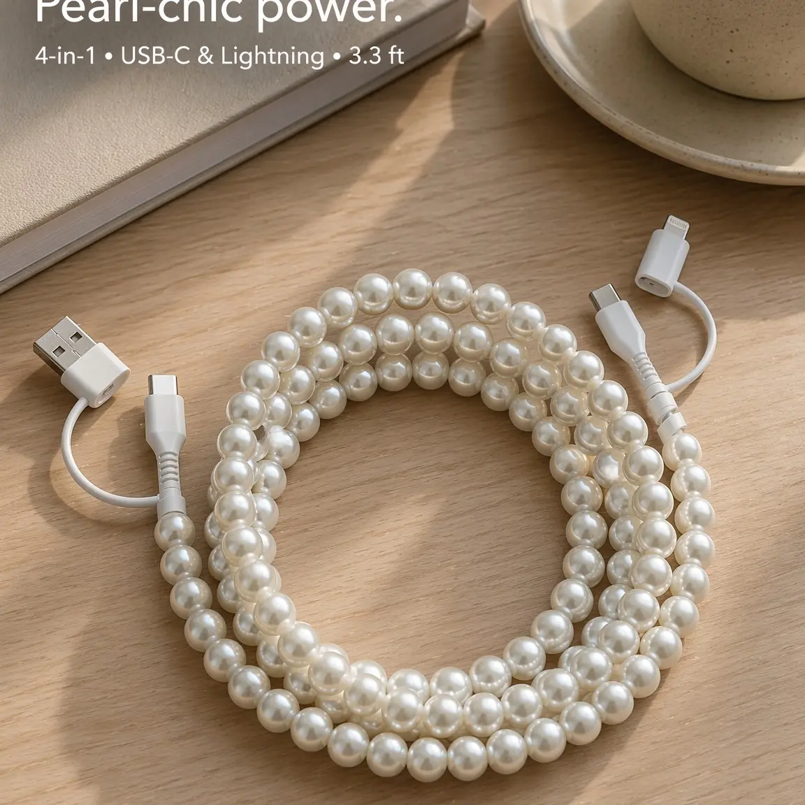 Four-In-One Acrylic Beaded Charging Cable, Compatible with USB-C and Lightning Devices, 3.3 Feet, Ideal for Safe Fast Charging, Holiday Gift