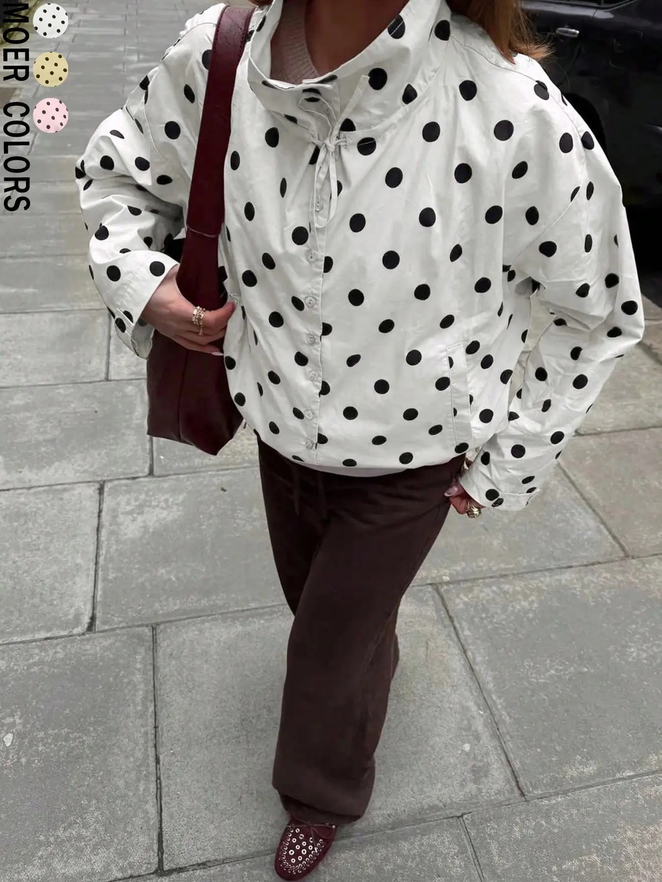 Women's Adjustable Bow Neck Polka Dot Long Sleeve Jacket, Short Hem Adjustable Coat, Casual Loose Fit Windproof Outerwear, Casual Fashion Outerwear