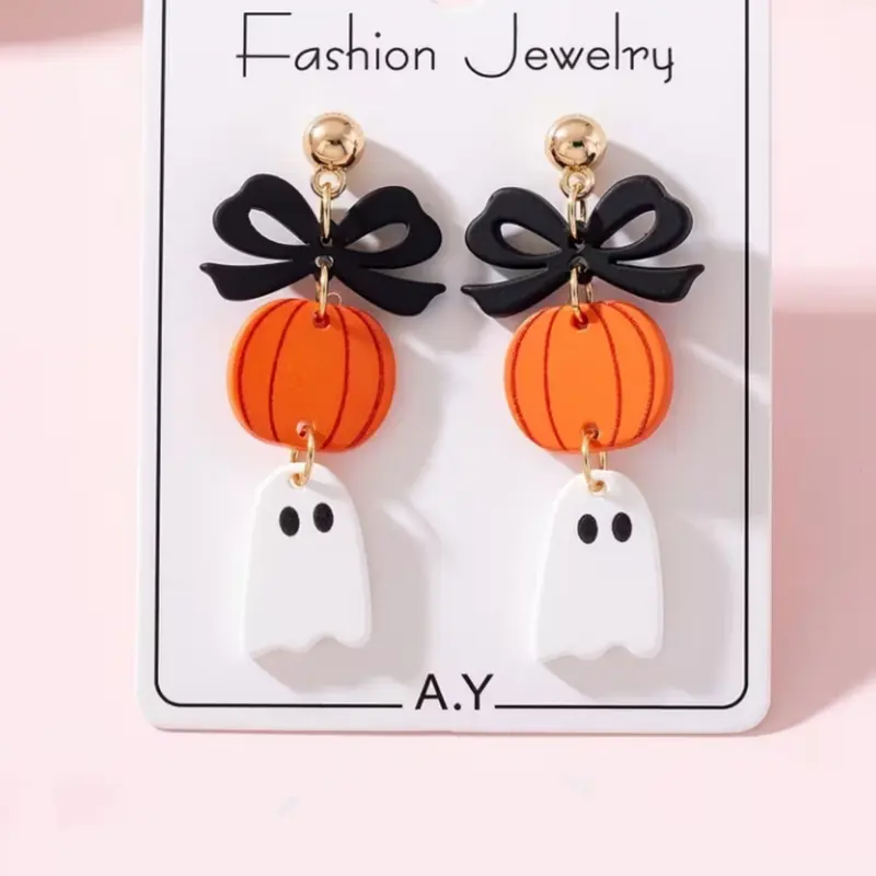 Halloween Bow Pumpkin Ghost Lacquered Design Earrings, Women's Fashion Dangle Earrings, Perfect Party Decor, 1 Pair, Drop Earrings