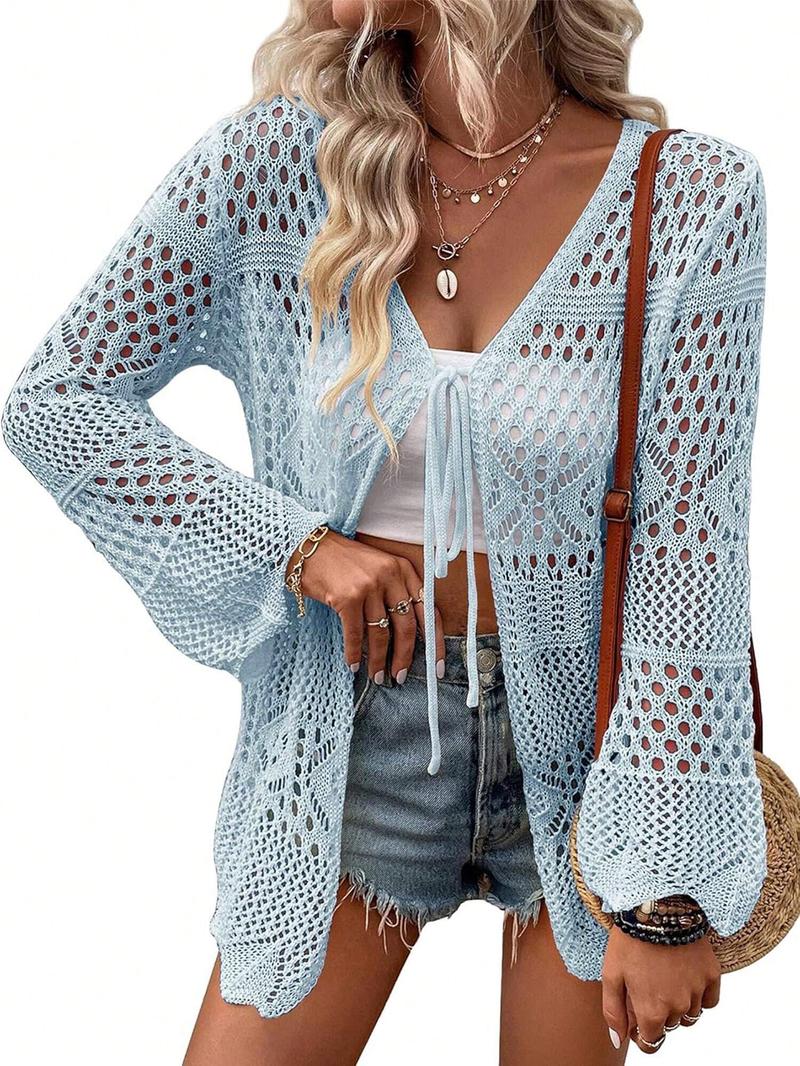 Women's Solid Color Hollow Out Crochet Cardigan, Lady Casual Long Sleeve Tie Front Knitwear for Summer, Fashion Women's Knit Clothing for Beach Vacation, Womenswear, Cardigan Sweater, Longsleeves Clothes for Women, Relaxed Fit Cardigan