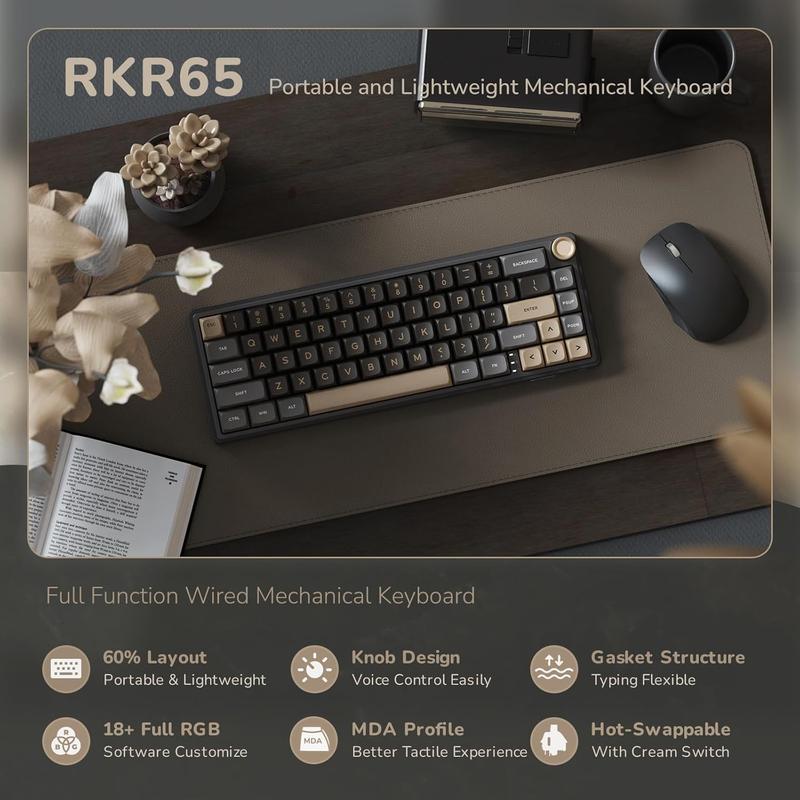 R65 Wired Gaming Keyboard with Volume Knob, 60% Percent RGB Backlit Mechanical Keyboard Gasket Mount with PBT Keycaps, MDA Profile, QMK/VIA, 66  Hot Swappable Cream , Black