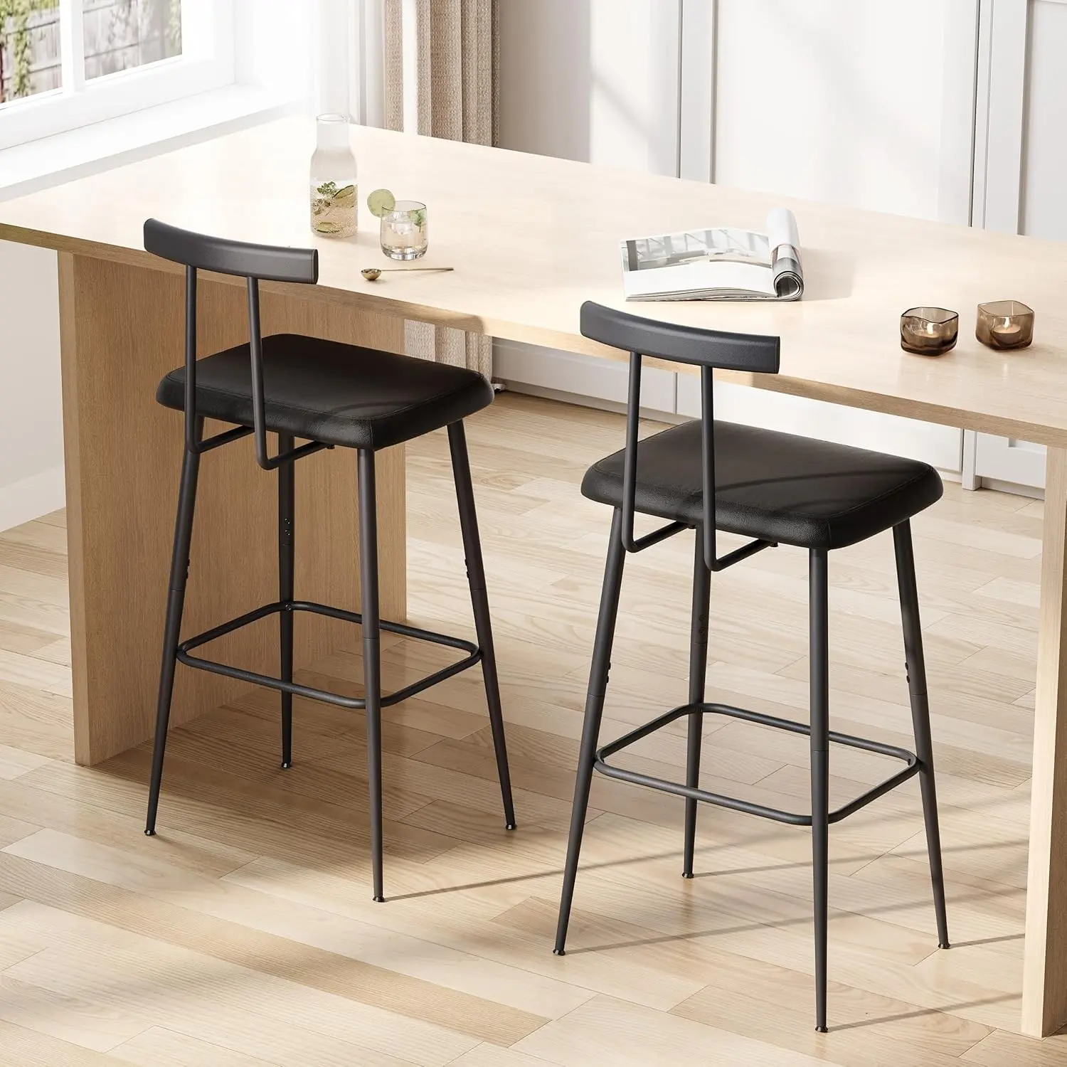 Bar Stools Set of 2, Tall Bar Stools with Backrest and Footrest, Counter Height Bar Chairs, Industrial Barstools with PU Leather Cushion, for Kitchen, Dining Room, Bar, Cafe (Black)