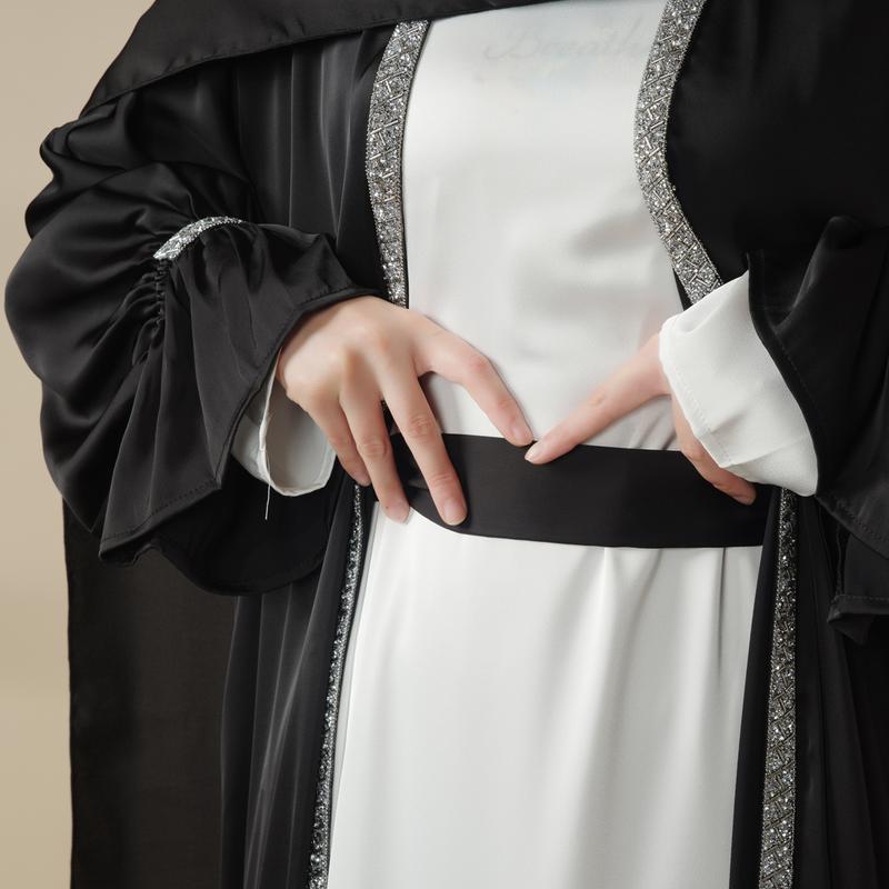 Modesty Muslim Chic Fit Maxi 4-Piece Set: Poet Sleeve Satin Abaya & hijab (MOA009) Formal