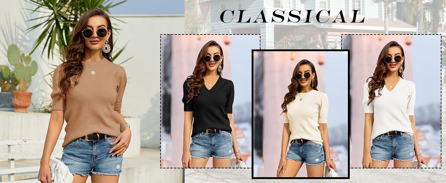 Saodimallsu Womens Puff Short Sleeve Sweater Casual Summer Crew Neck Pullover Tops Ribbed Knit Sweater Blouse SpringStatements