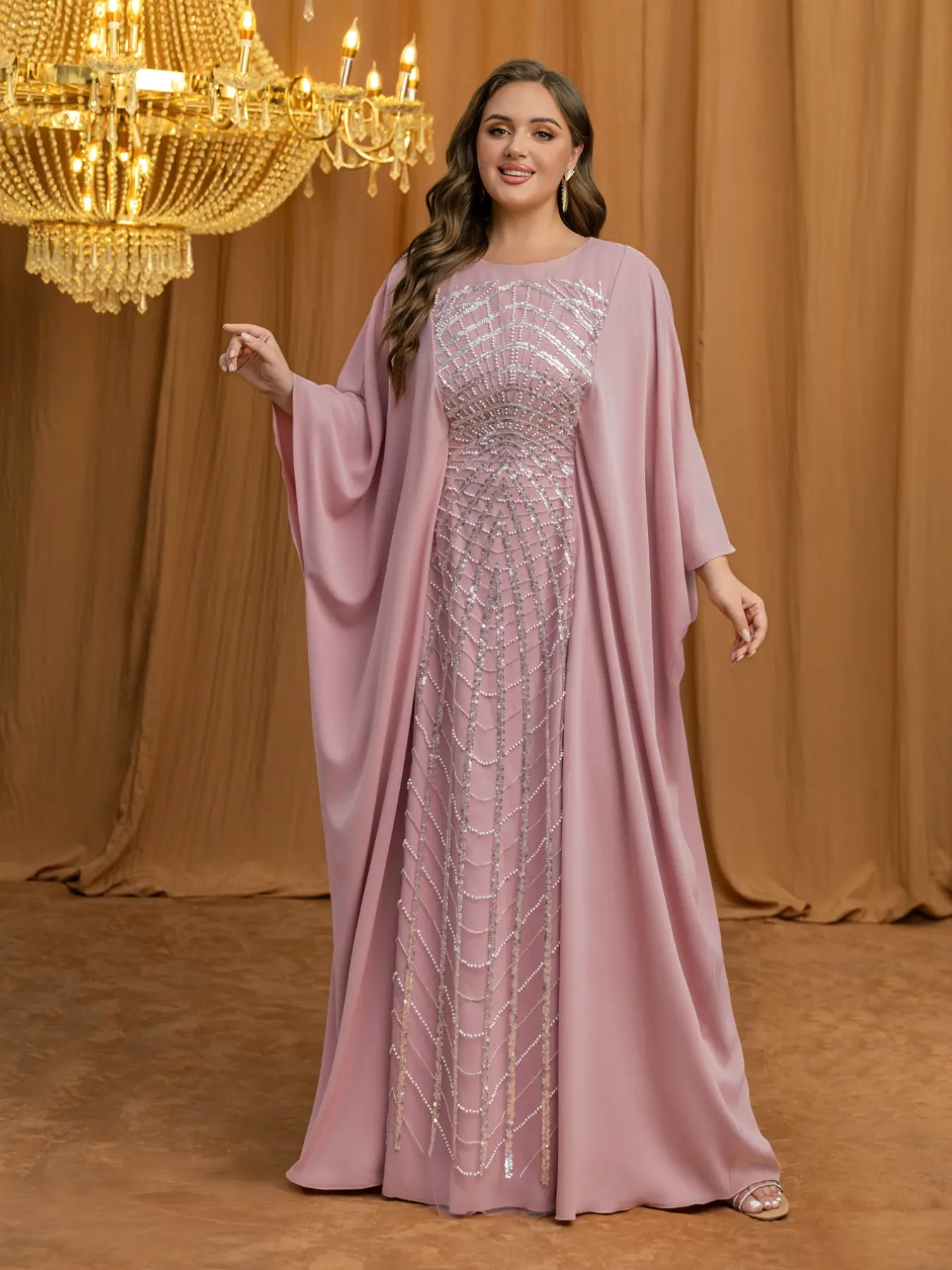 Elegant Long Dress with Batwing Sleeves, Round Neck Embroidered Satin, Loose Fit Floor-Length Formal Evening Gown for Parties and Events, Classy Modest Dresses