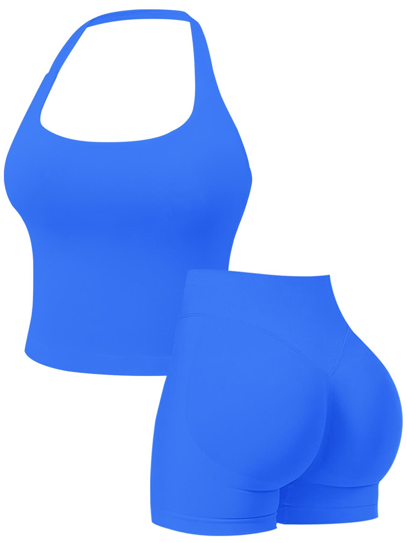 Two-Piece Set Women's Solid Color Halter Top & High Waist Shorts Sports Set, Sporty Comfy Breathable Quick Drying Outfits for Yoga Gym Workout Running, Ladies Sportswear for Summer