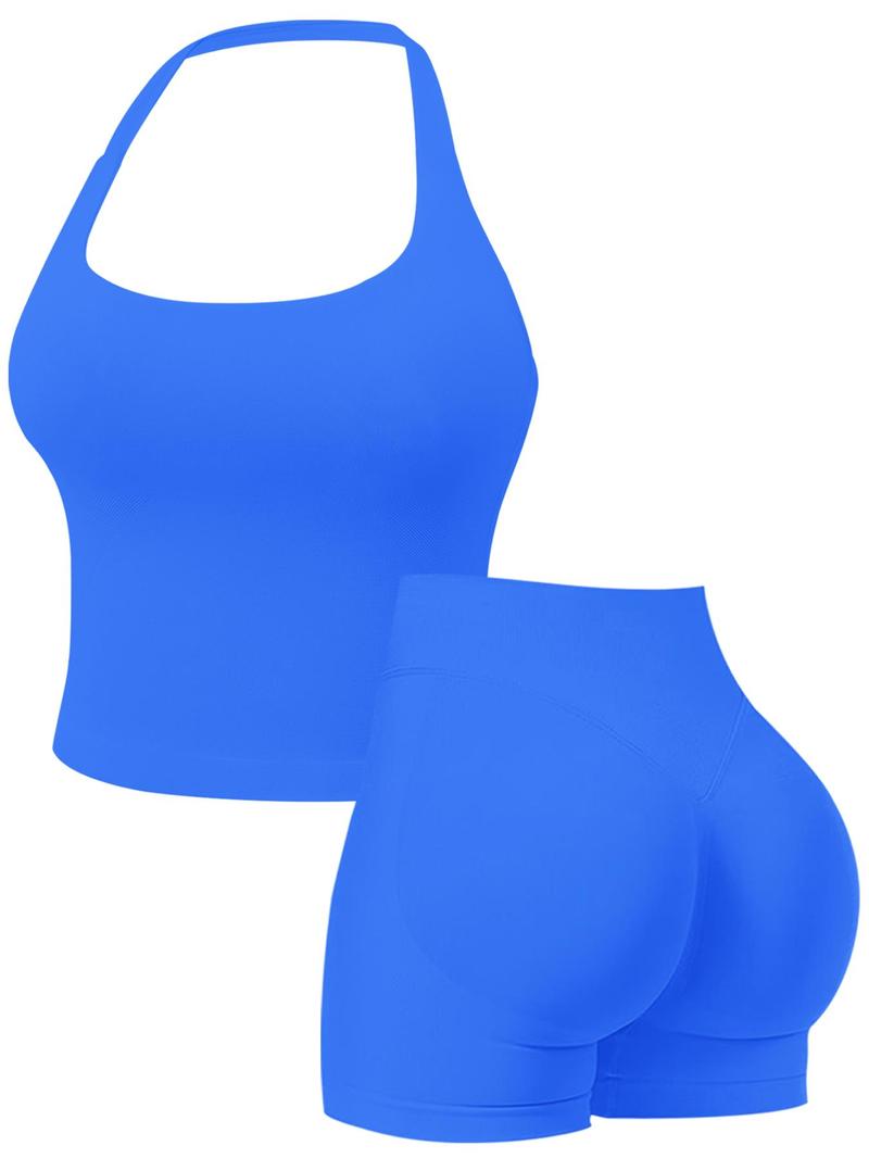 Women's Two-Piece Solid Color Halter Top & High Waist Shorts Sports Set, Sporty Breathable Quick Drying Outfits for Yoga, Gym Workouts and Running, Ladies Sportswear for Summer, Pilates Yoga Wear