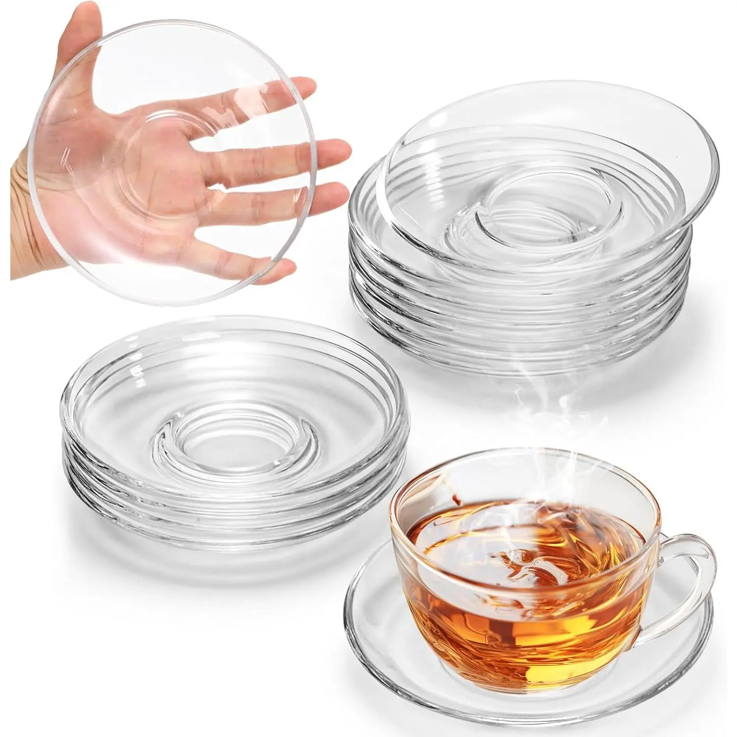 12-Pack 5.2 Inch Round Shape Small Glass Plates, Coffee Tea Saucers, Mini Dessert Appetizer Dishes, Tabletop Teacup Coasters for Snacks, Fruits
