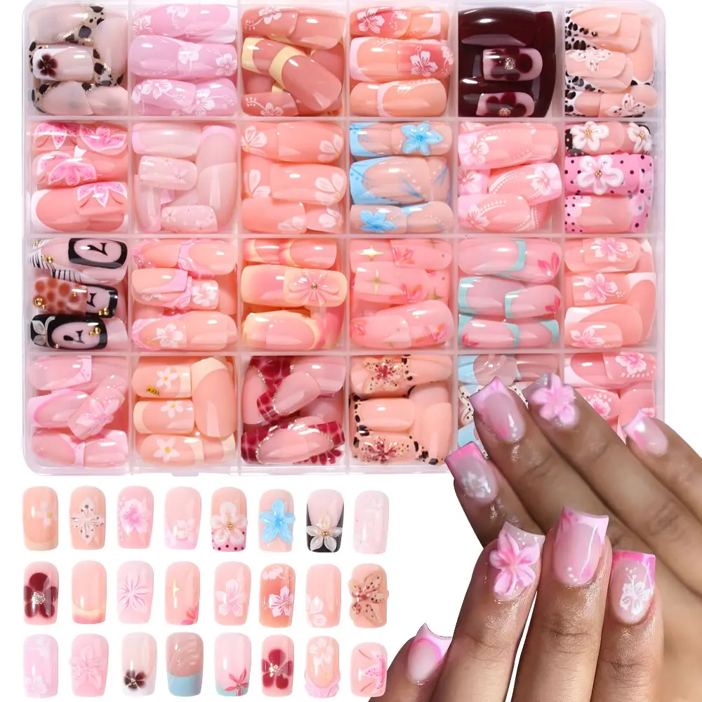 576pcs Floral Nail Stickers, Short Oval Nails, 3D Flower Design, Acrylic Material, Manicure Set, Gel Adhesive & File Included