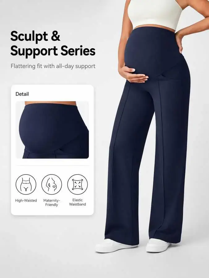 Women's High-Waist Pregnant Leggings with Pockets, Comfortable Stretchy Maternity Pants, Maternity Summer Clothes, Breathable Wide-Leg Design for All Seasons, Maternity Clothing