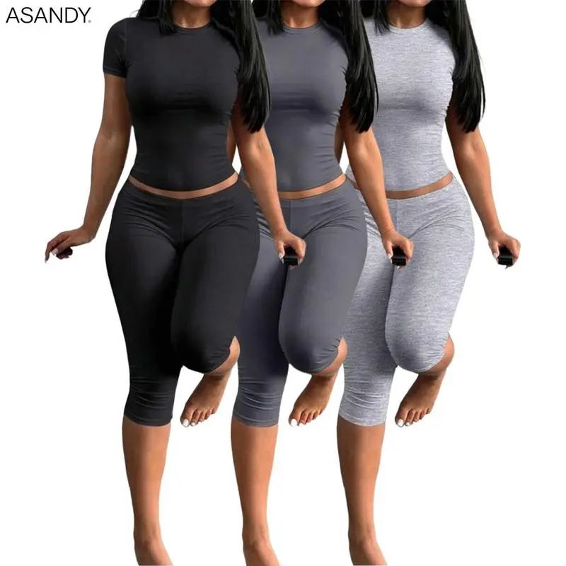 2 Pieces Set Women Round Neck Short Sleeve Solid Color T Shirt And 3 4 Capri Pants Soft Stretch Summer Yoga Casual Daily Street Matching Outfit Black 2026 New Arrival Athleisure Activewear Clothing Athletic Clothing Set