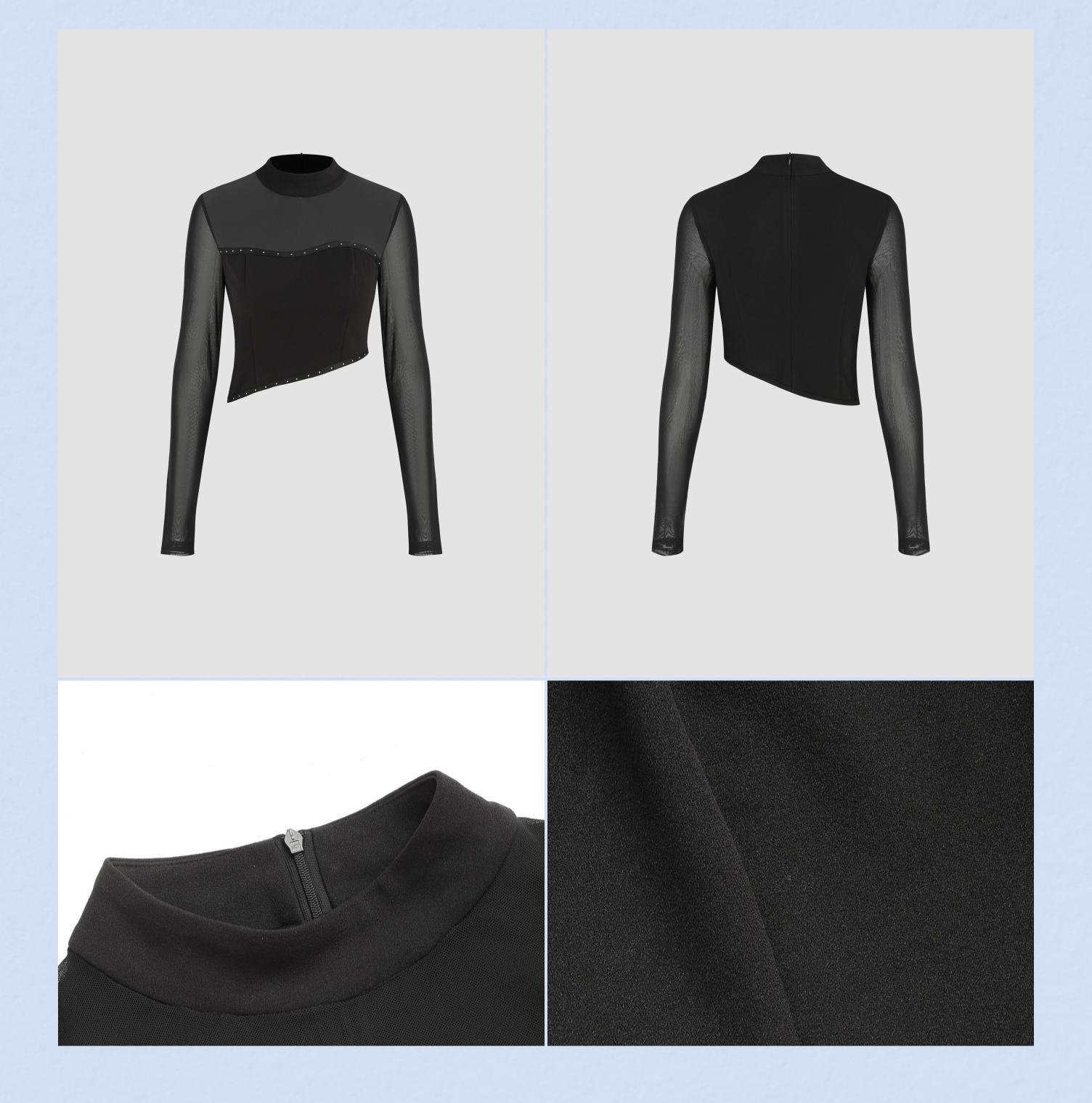Cider [size 2-10] Mesh Stand Collar Asymmetrical Rivet Patched Long Sleeve Top