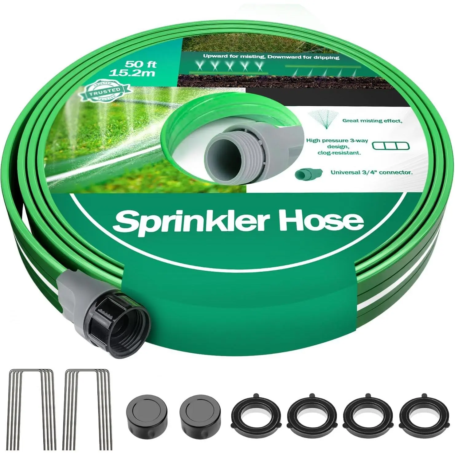 50 FT Three-Tube Flat Sprinkler Hose with Holes with U-Shaped Stakes | Heavy Duty Soaker Hose for Garden,  Mode Sprinkler Hoses for Lawn, Flexible Irrigation Hose for Yard, Linkable Drip Hose