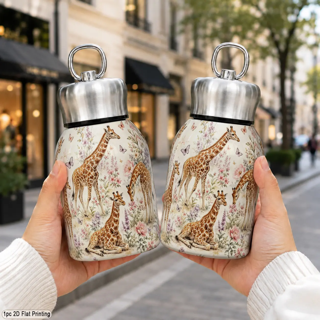 10oz 300ml 316 Stainless Steel Pocket Vacuum Flask Thermal Bottle, with vintage giraffe flower butterfly print, drop resistant leakproof reusable, for daily drinking hiking fitness, ideal summer gift for outdoor lovers