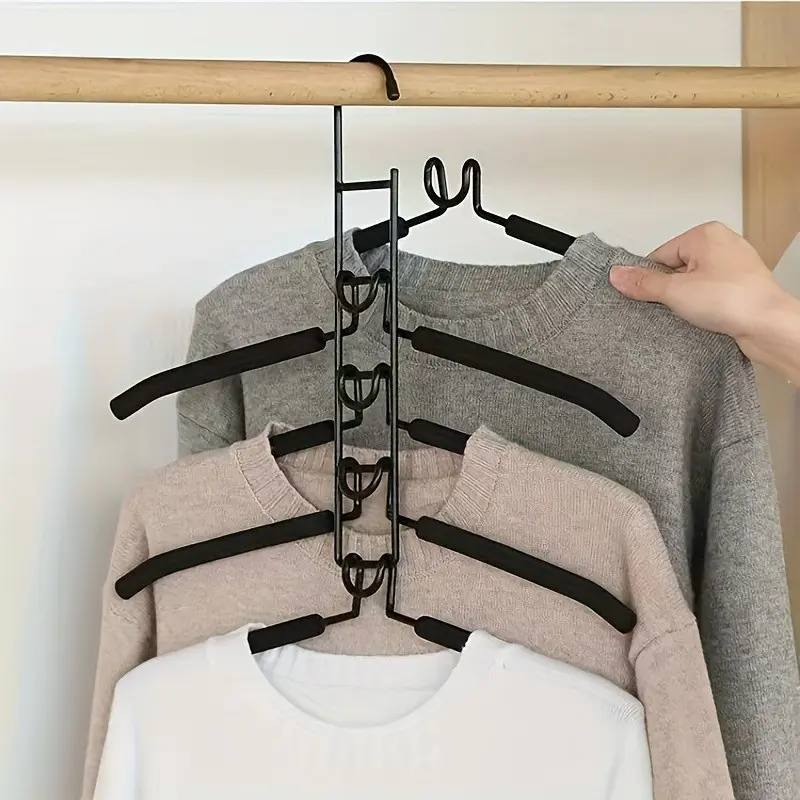 Standard, durable metal hangers that save space. Anti-slip foam-reinforced, thick magic 5-in-1 multi-level hangers for organizing and storing clothes in closets. Ideal for outerwear, sweaters, suits, and T-shirts. Suitable for retail stores and home use.