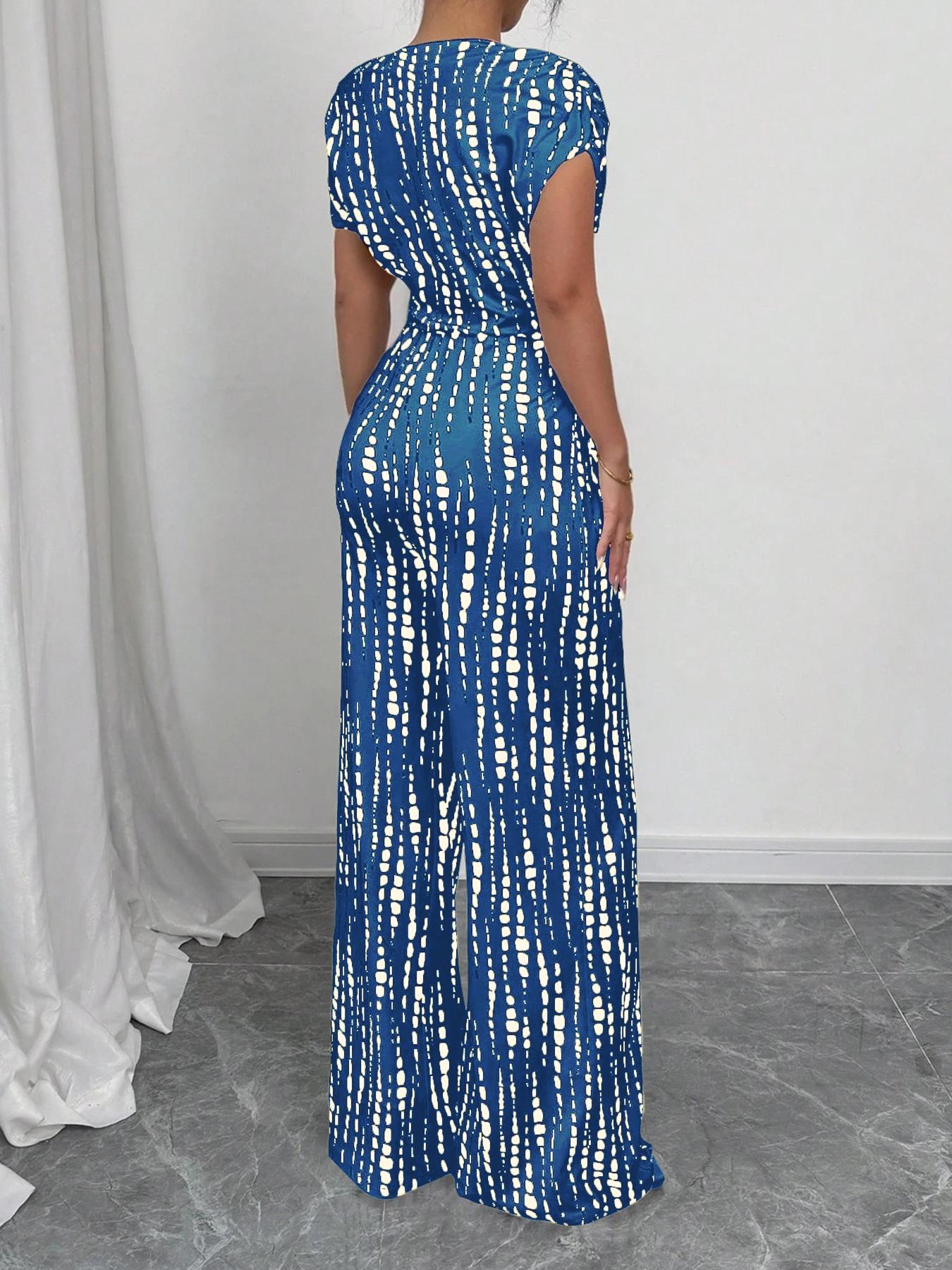 Women's All Over Print Tie Front   Jumpsuit, Casual Asymmetrical Neck   Jumpsuit for Spring & Fall, Women's Clothes for Daily Wear