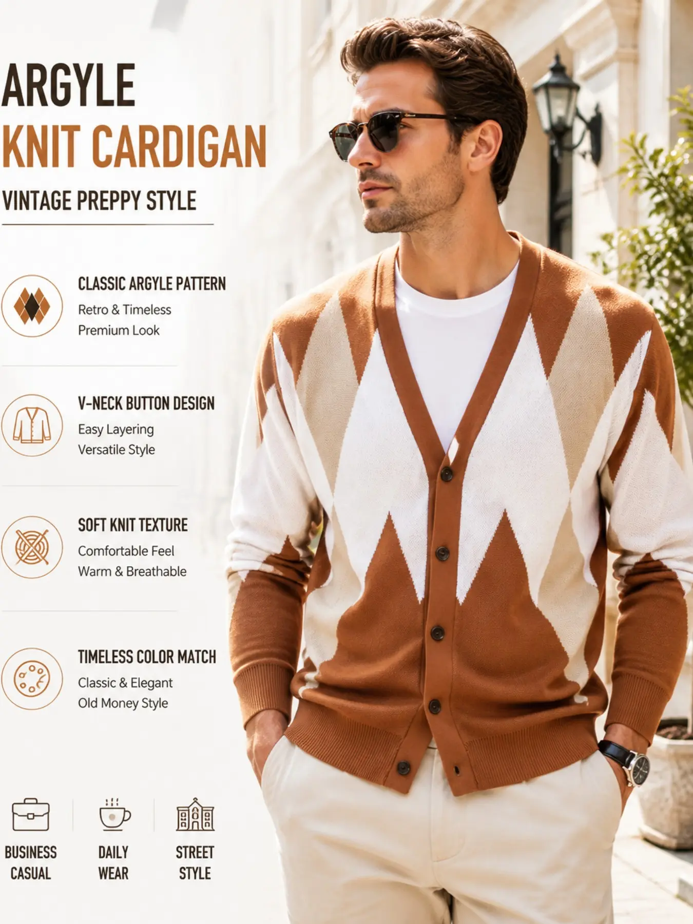 Men's Vintage Houndstooth Knit Cardigan, Fall Winter Casual Versatile Sweater Coat, Loose Lazy Style College Look, Outdoor Travel Daily Wear Trendy Knitted Top