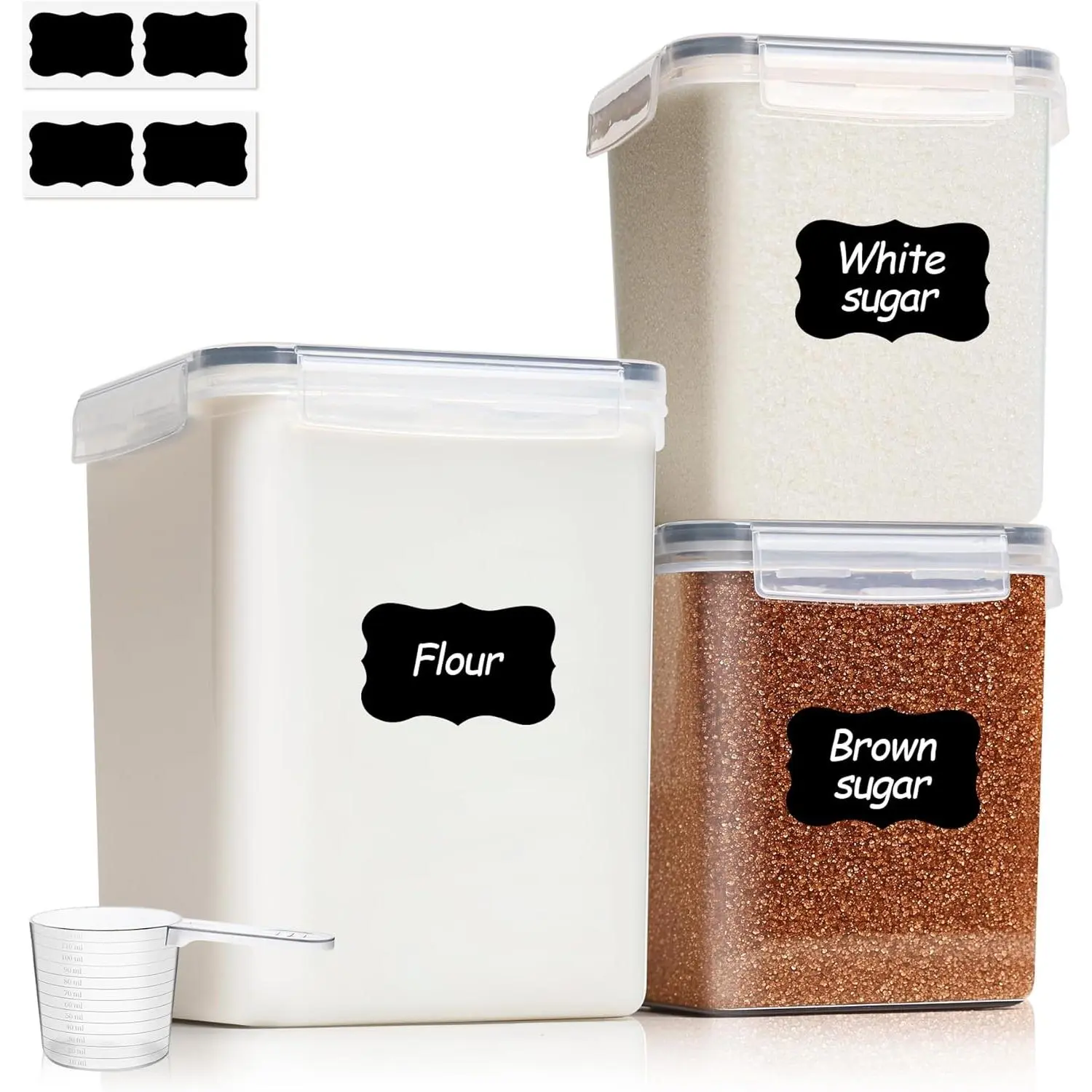 Airtight Flour and Sugar Container for Pantry - 5lb Flour Capacity - 7.1 Inch Extra Wide Mouth Square Pantry Storage - Set of 3 - Stackable Baking Supplies Organizer