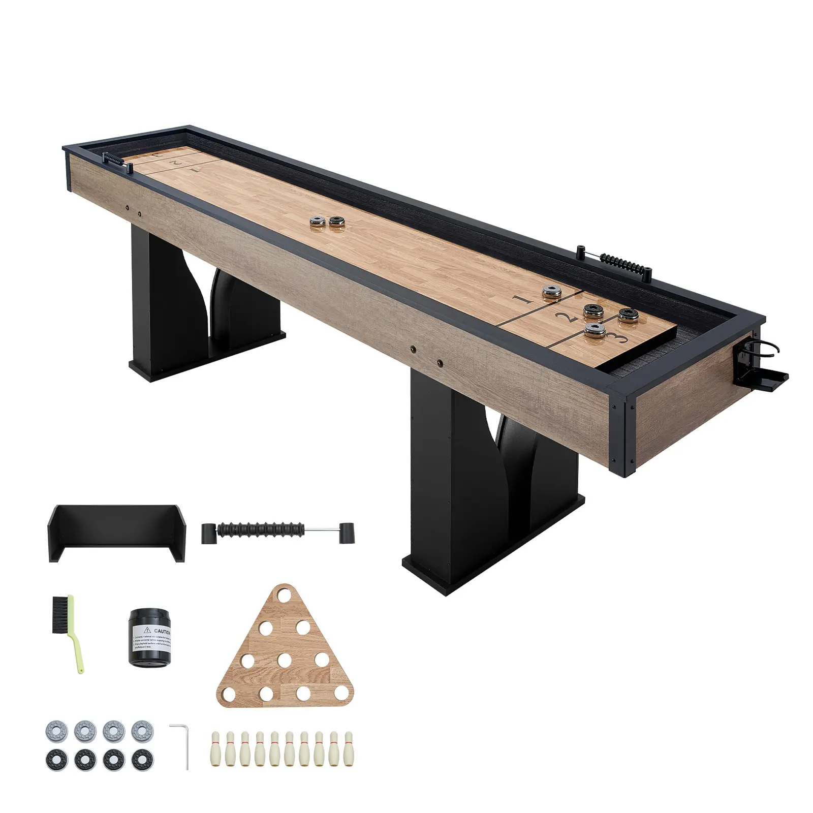 9 ft LED Shuffleboard Table, 2 in 1 Shuffleboard and Bowling Combo Set, Shuffle Board with Light‑Up Rails, Scratch-Resistant Playfield, 8 Pucks, Bowling Set, Wax, Brush, for Family Game Room