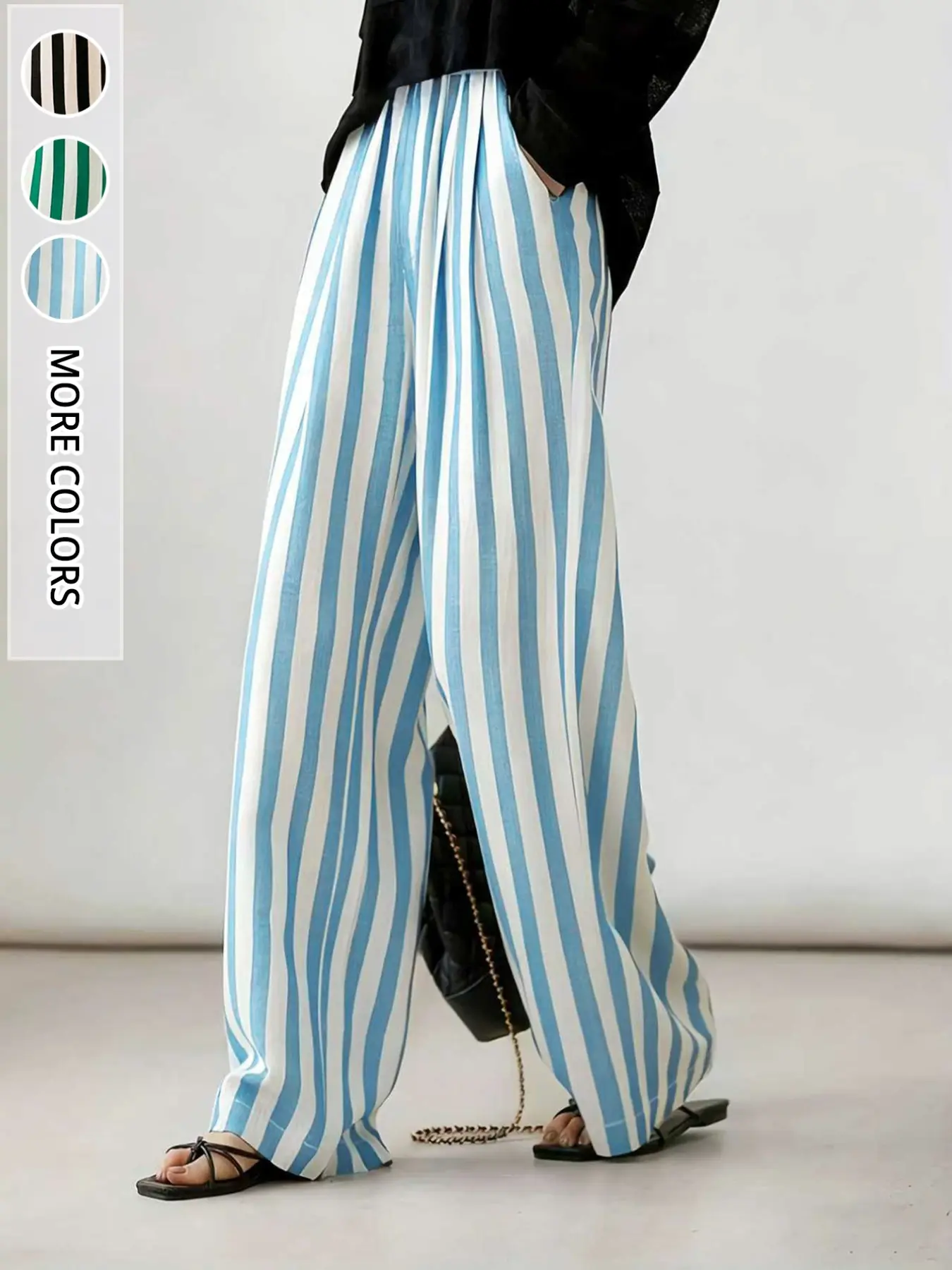 New Summer Spring Minimalist Colorblock Striped Wide Leg Pants, High Waist Elastic Waist, Invisible Pockets, All Seasons