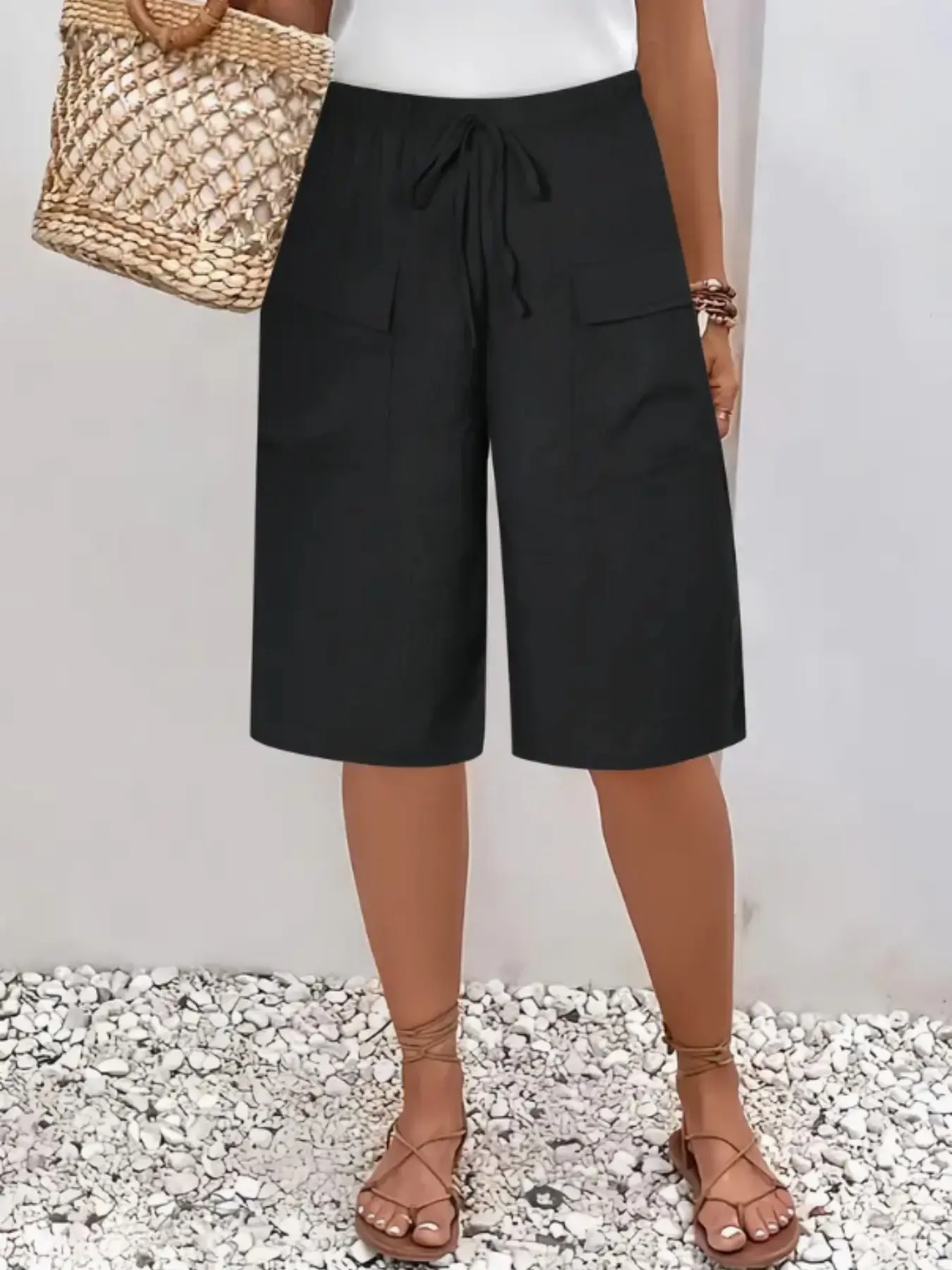 Women's Six-Quarter Pants, Outdoor Beach Vacation Casual Fashion Bottoms, with Pockets, Fake Drawstring, Elastic Waist, Solid Color, Comfortable and Stylish