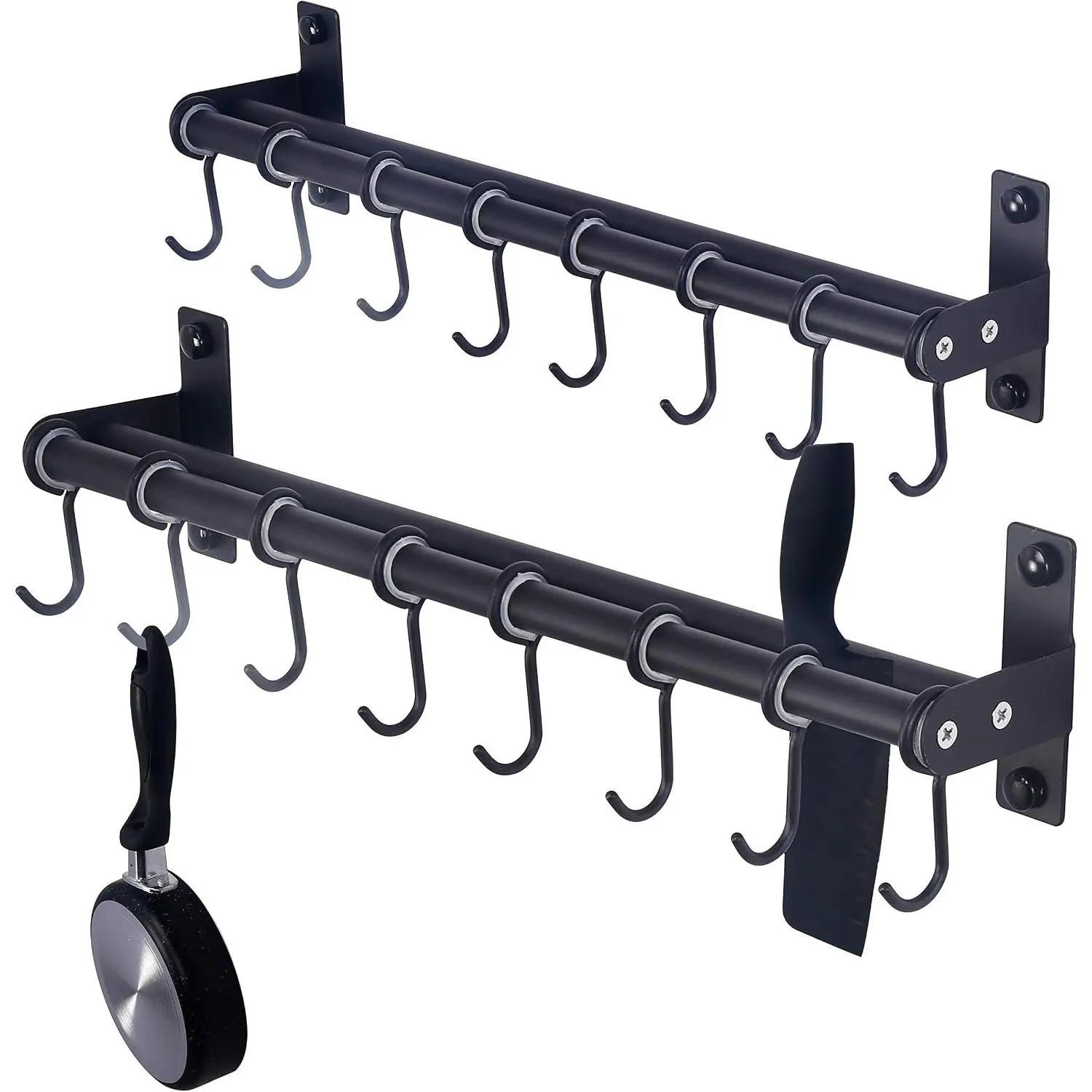 Pot Rack - Pots and Pans Hanging Rack Rail with 8 Hooks, Double Bars, Pot Hangers for Kitchen, Wall Mounted, Black, Pack of 2