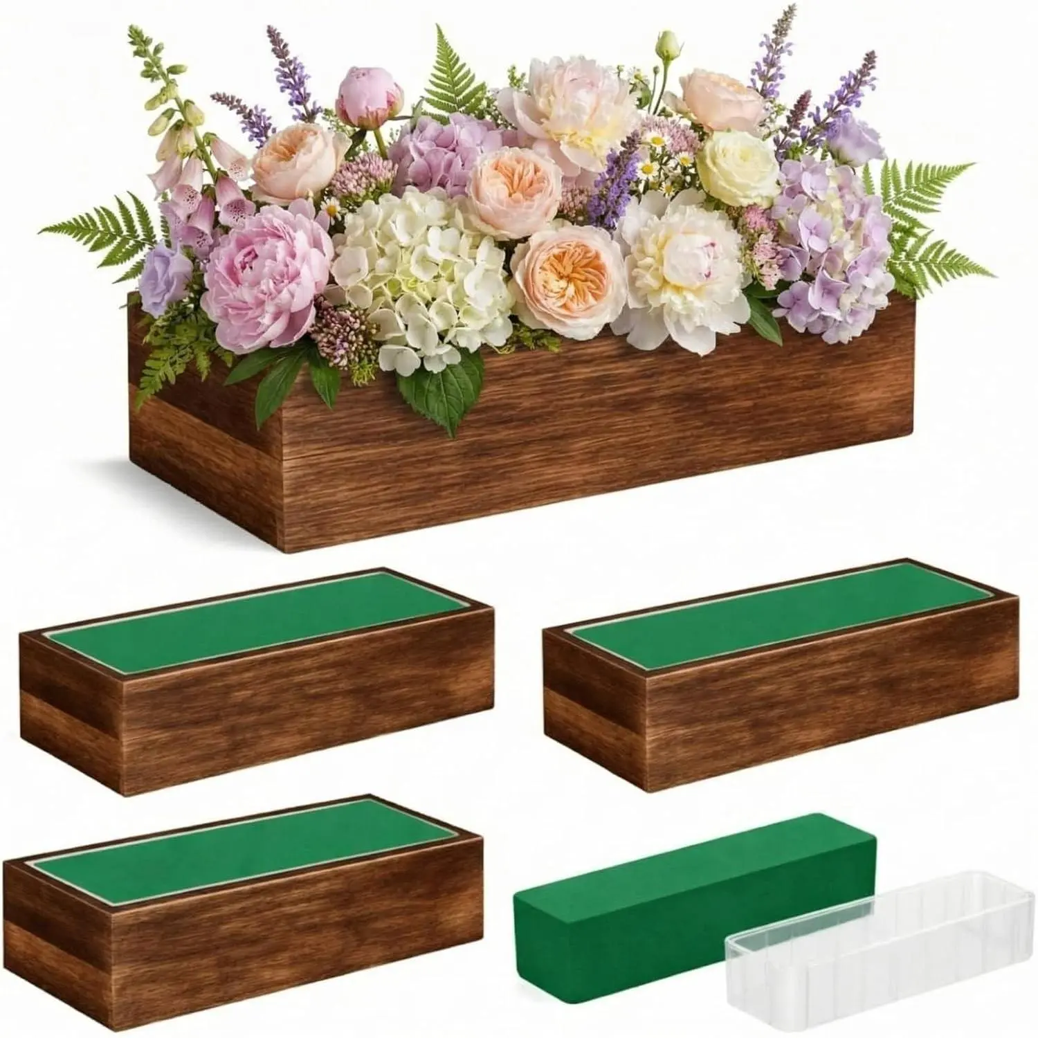4 Set Wood Boxes for Centerpieces 12x4 Inch Rectangle Wooden Planter Box Rustic Wood Planter with Removable Plastic Liner Floral Foam Blocks for Centerpieces Home Wedding Garden Decor