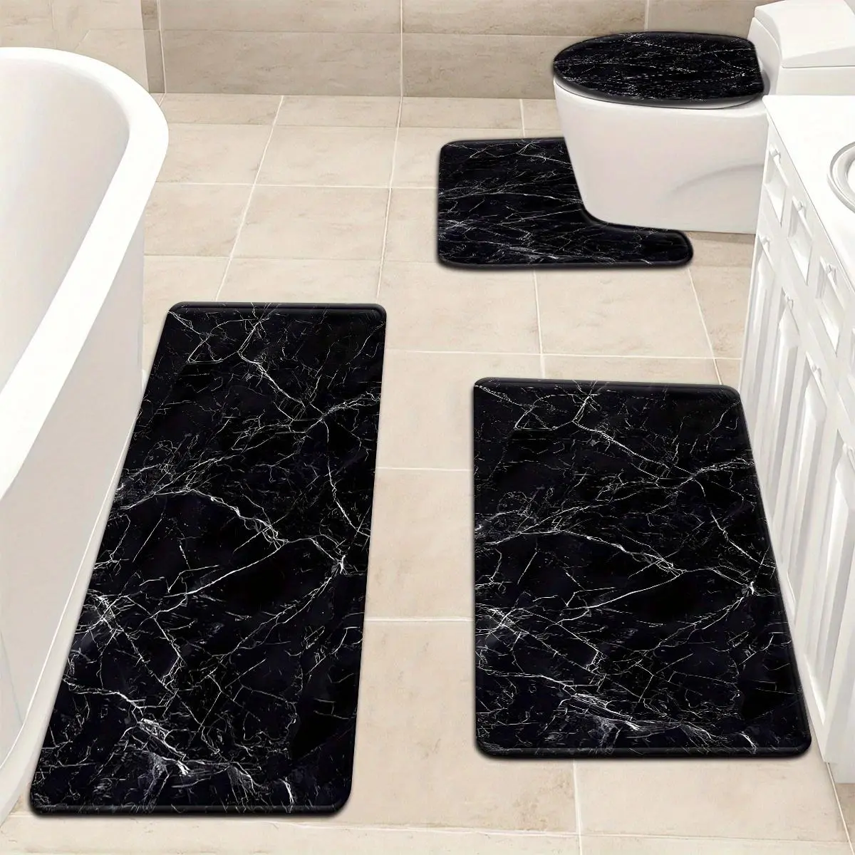 3pcs/4pcs Black Marble Pattern Bathroom Mat Set, Toilet Lid Cover and Rug with U-Shaped Foot Pad for Bathroom Decor home essentials bathroom decor bathroom accessories bathroom decor set bathroom accessory
