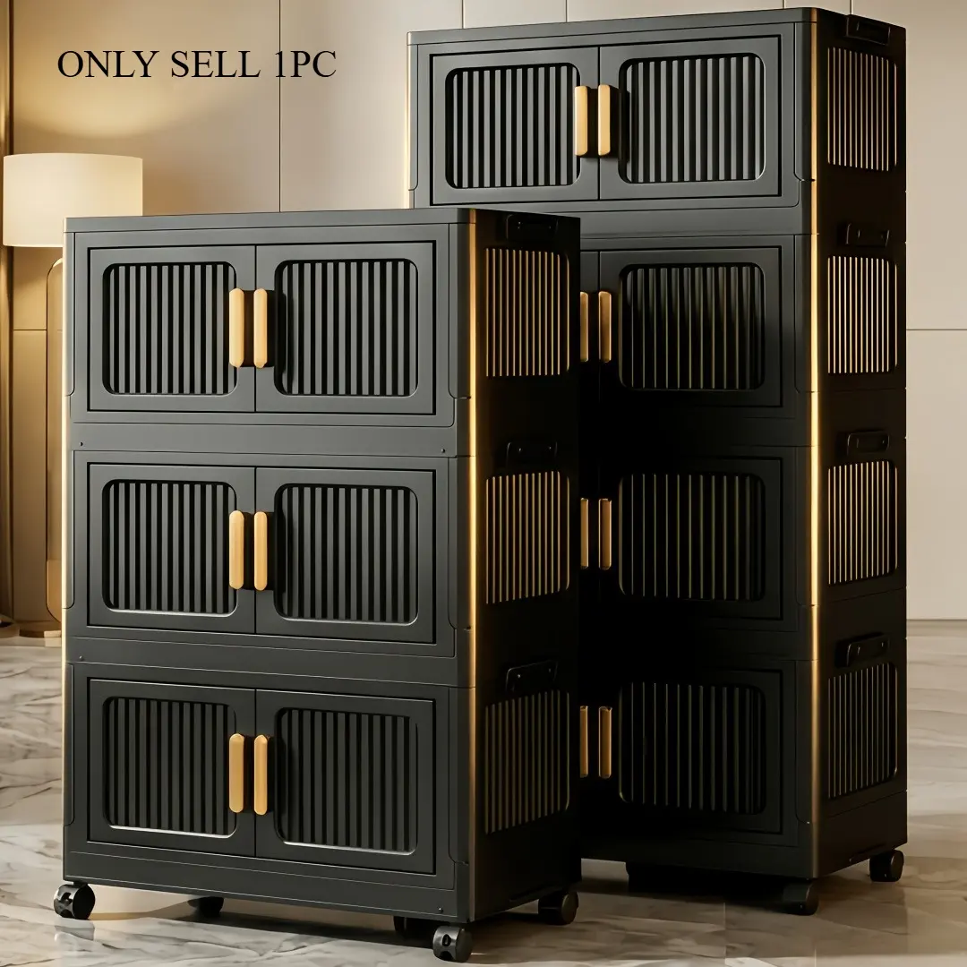 Multi functional large capacity foldable storage cabinet, tool free installation, with magnetic suction door and wheel storage box, moisture-proof and dustproof, 3/4/5/6 layer stackable organizing cabinet, suitable for living room, bedroom, kitchen