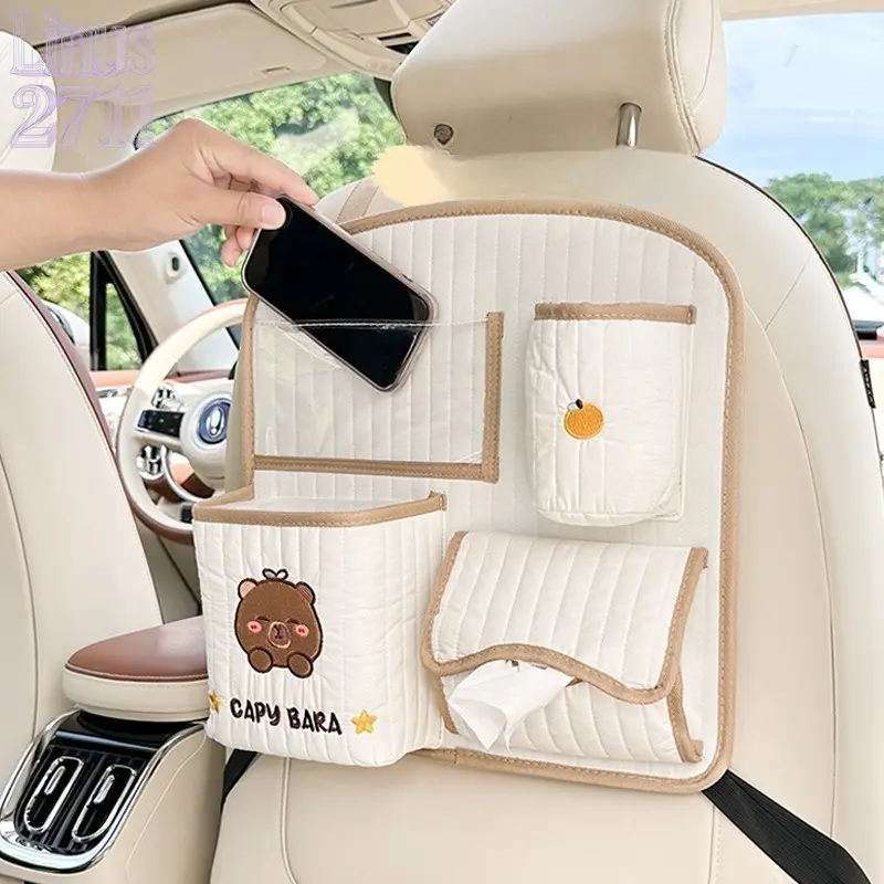Capybara Embroidery Quilted Car Seat Back Storage Organizer Multifunctional Hanging Tissue Box Holder Large Foldable Car Trash Can Transparent Phone Pocket Automobile Back Seat Travel Interior Storage Accessories